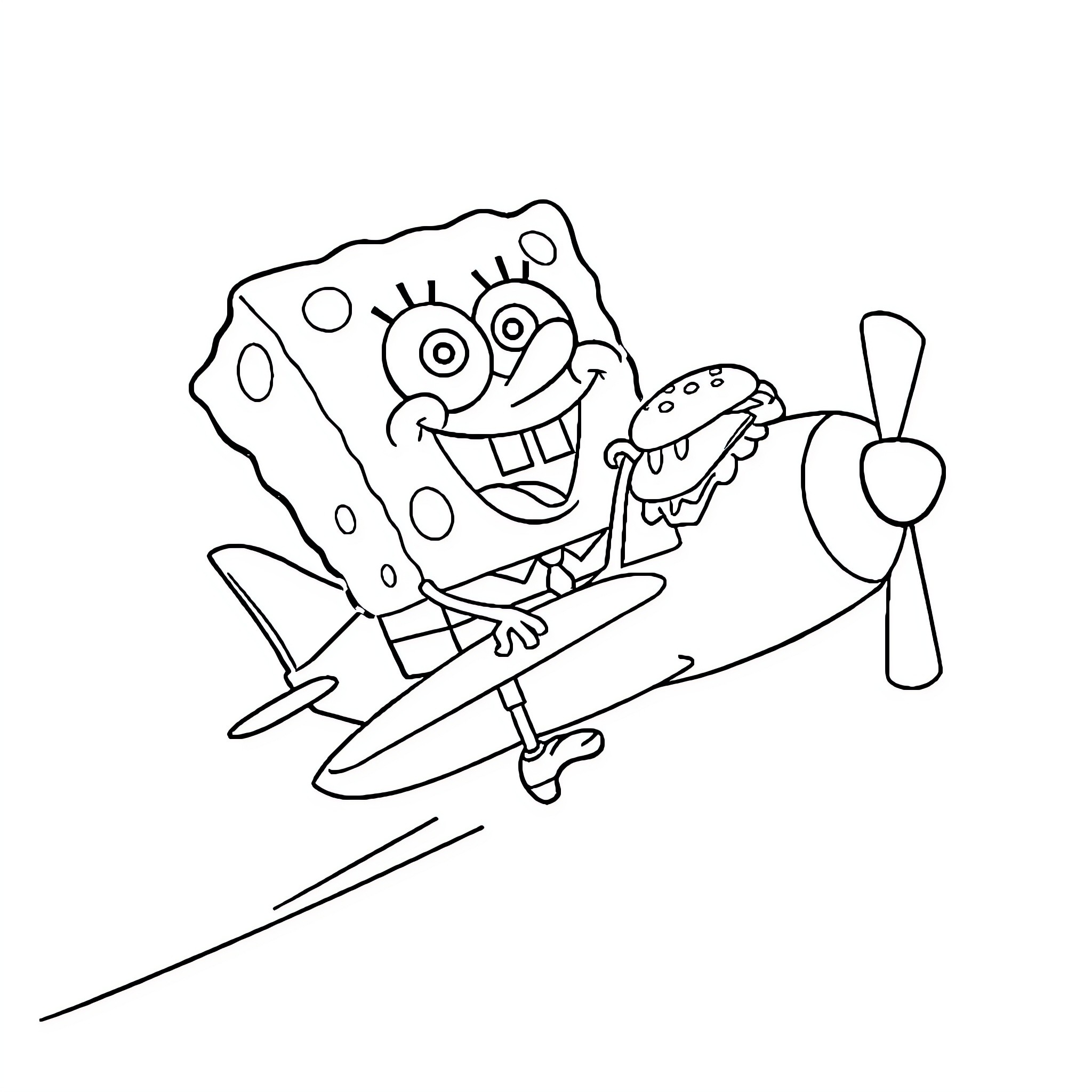 Spongebob piloting a propeller plane with excitement Coloring Page (free black-and-white line drawing printable PDF for all, from beginners to advanced learners, including children, teens, adults, and seniors)