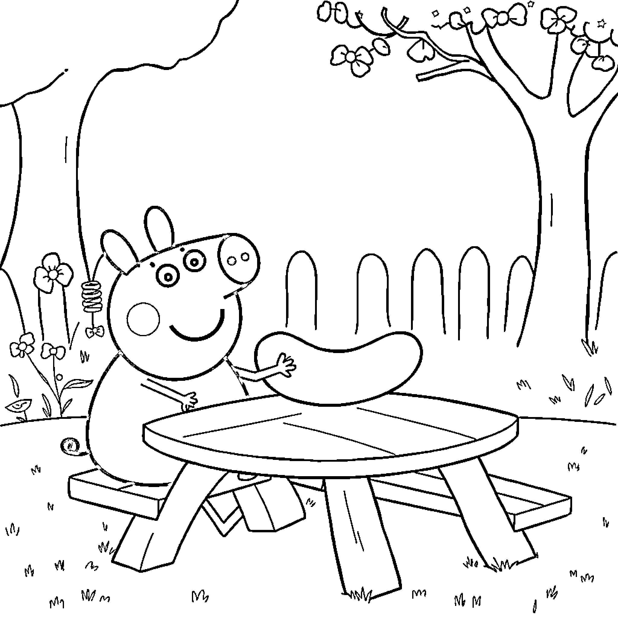 Peppa Pig enjoying a picnic in the park Coloring Page (free black-and-white line drawing printable PDF for all, from beginners to advanced learners, including children, teens, adults, and seniors)