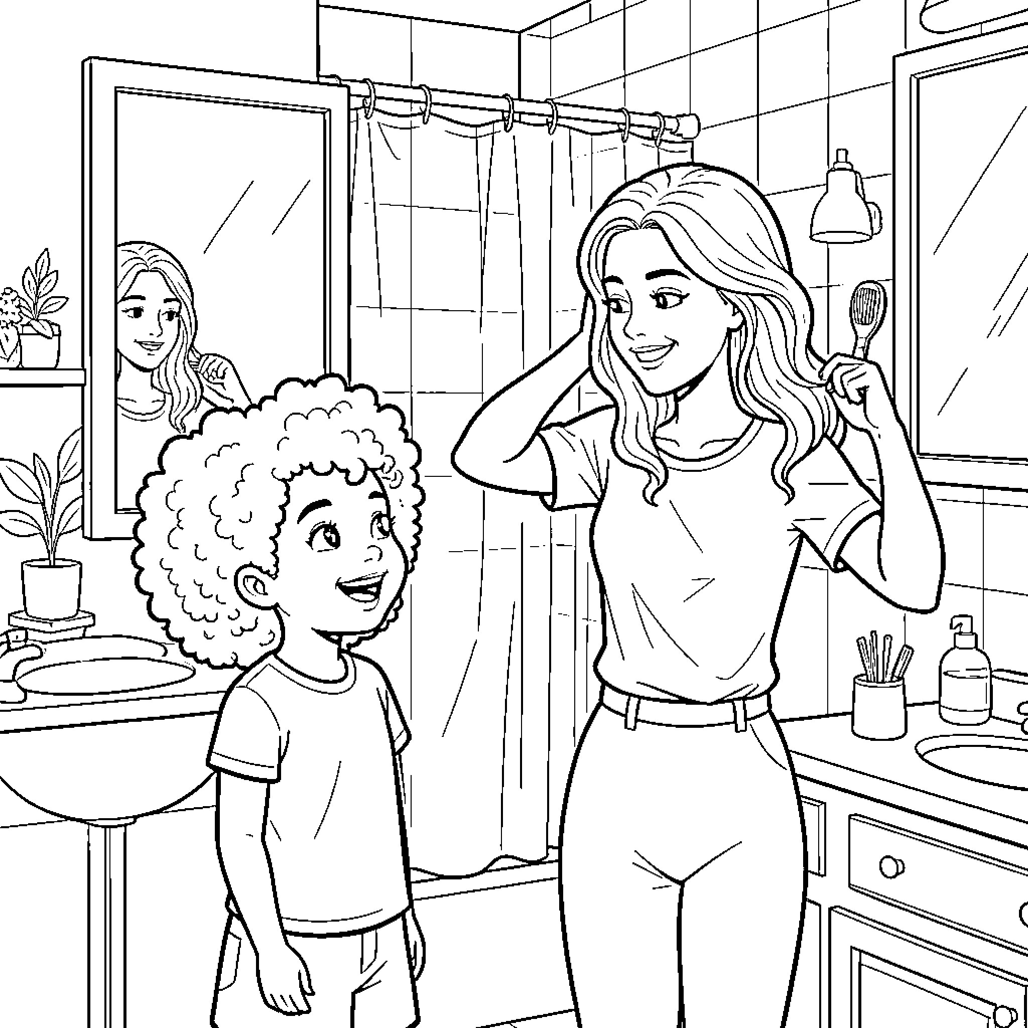 Girl helping younger child in the bathroom Coloring Page (free black-and-white line drawing printable PDF for all, from beginners to advanced learners, including children, teens, adults, and seniors)