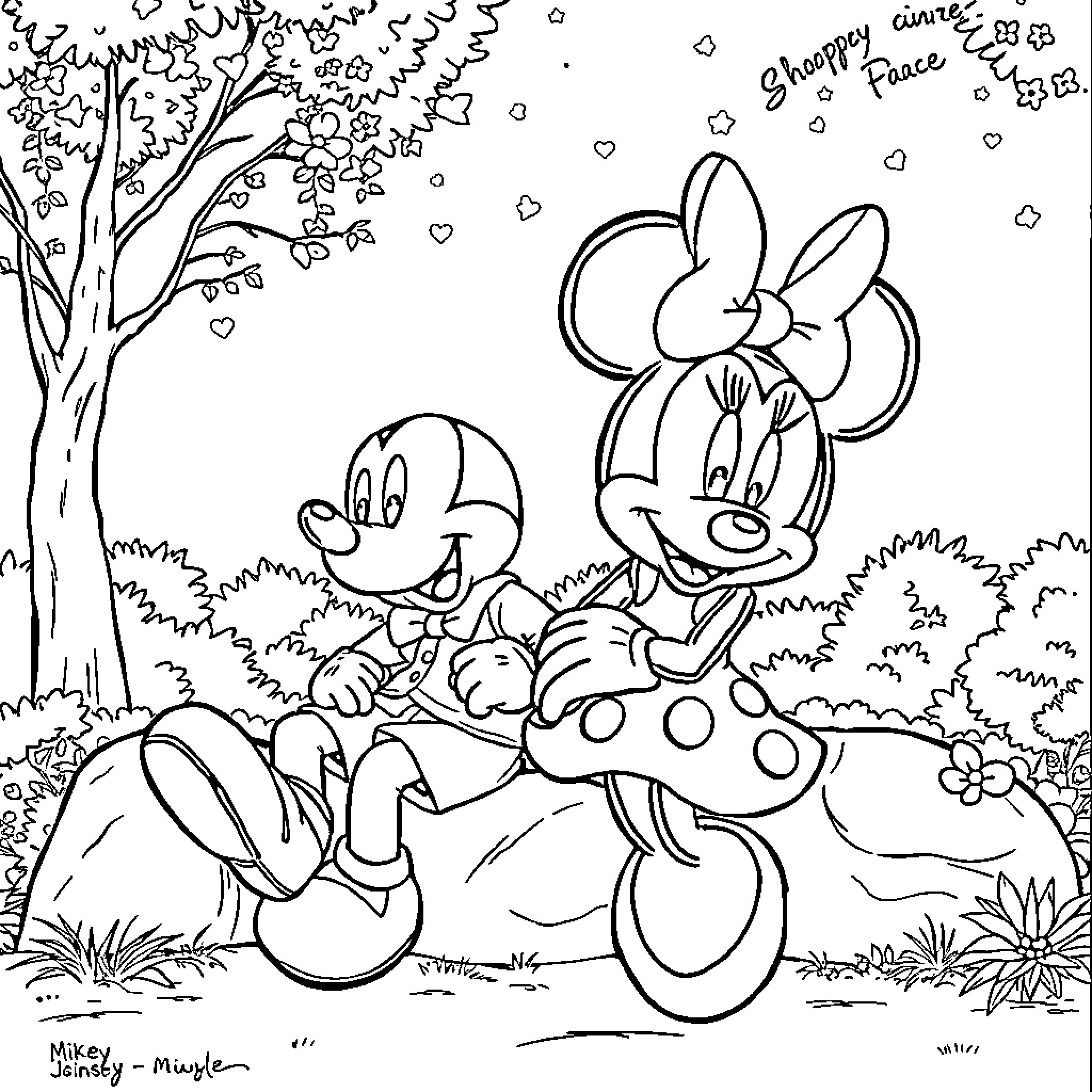 Mickey and Minnie in a Peaceful Park Scene Coloring Page (free black-and-white line drawing printable PDF for all, from beginners to advanced learners, including children, teens, adults, and seniors)