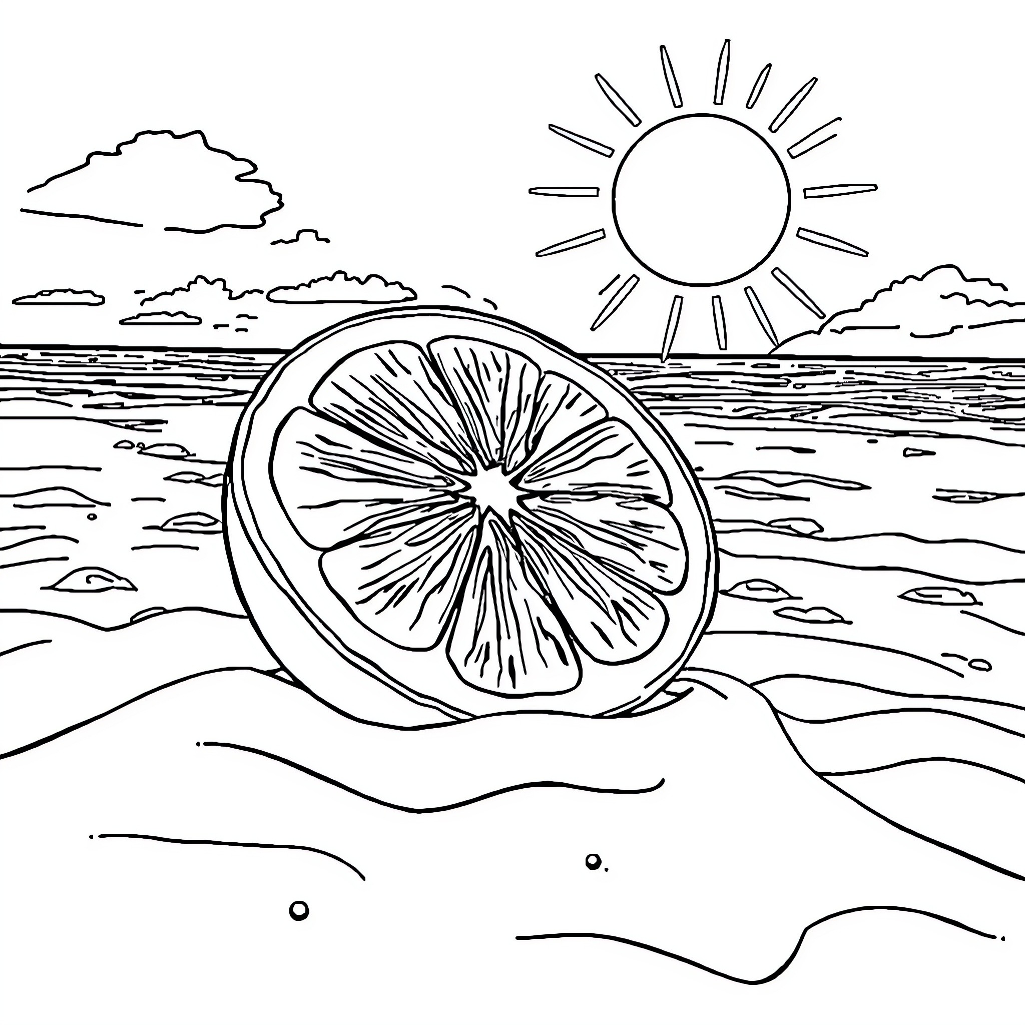 Lemon floating in serene coastal landscape Coloring Page (free black-and-white line drawing printable PDF for all, from beginners to advanced learners, including children, teens, adults, and seniors)