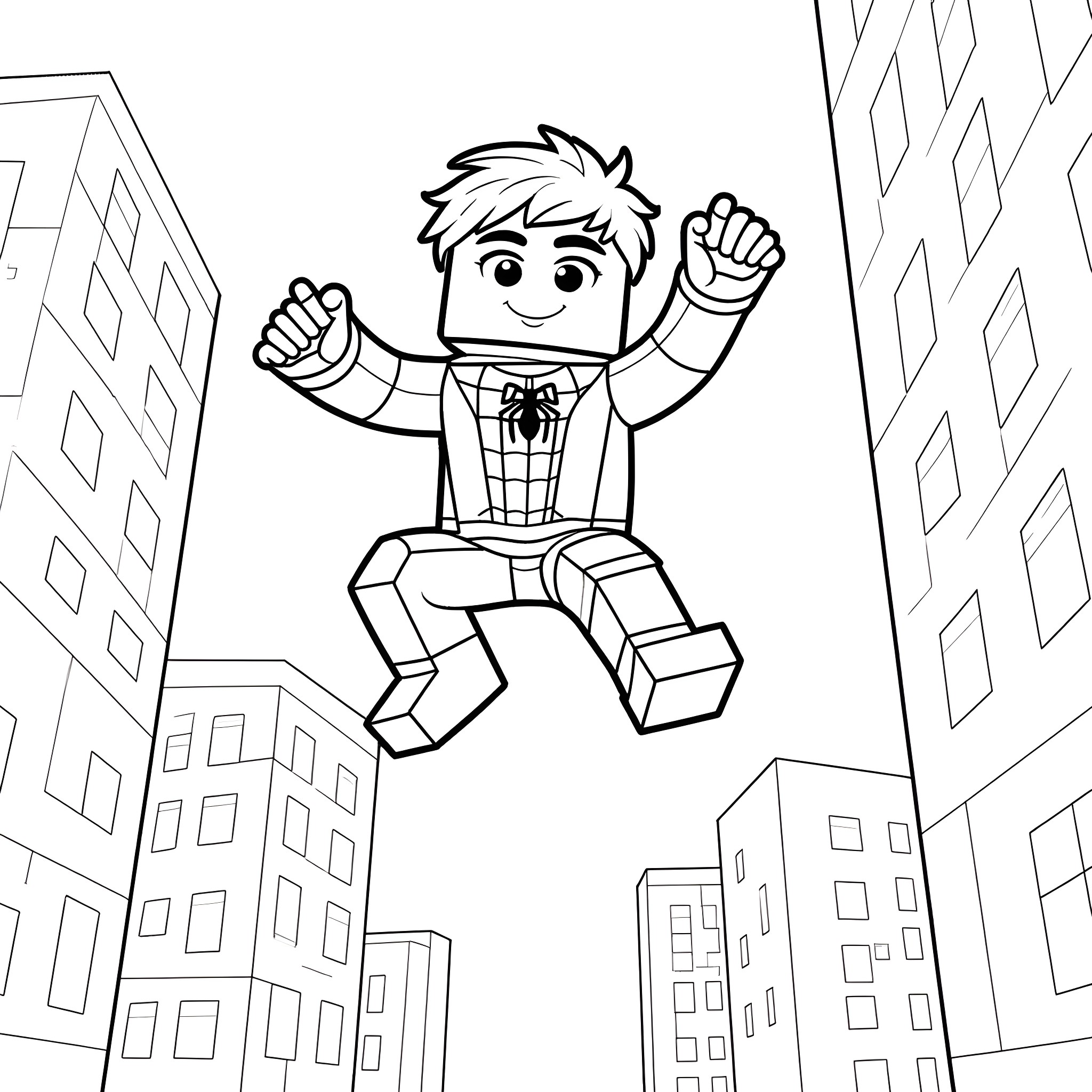 Steve swinging happily through the city Coloring Page (free black-and-white line drawing printable PDF for all, from beginners to advanced learners, including children, teens, adults, and seniors)