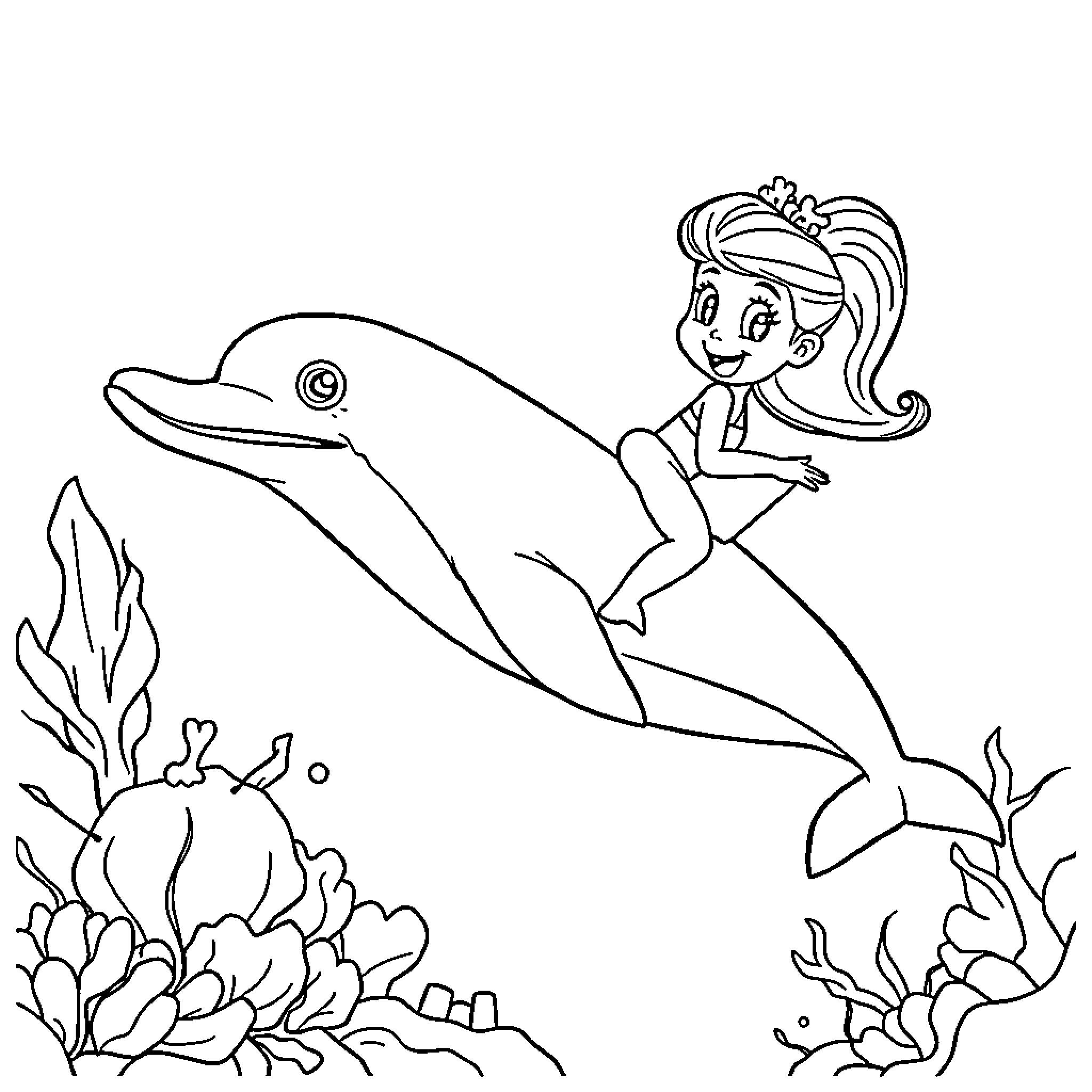 Barbie playing with friendly dolphin underwater Coloring Page (free black-and-white line drawing printable PDF for all, from beginners to advanced learners, including children, teens, adults, and seniors)