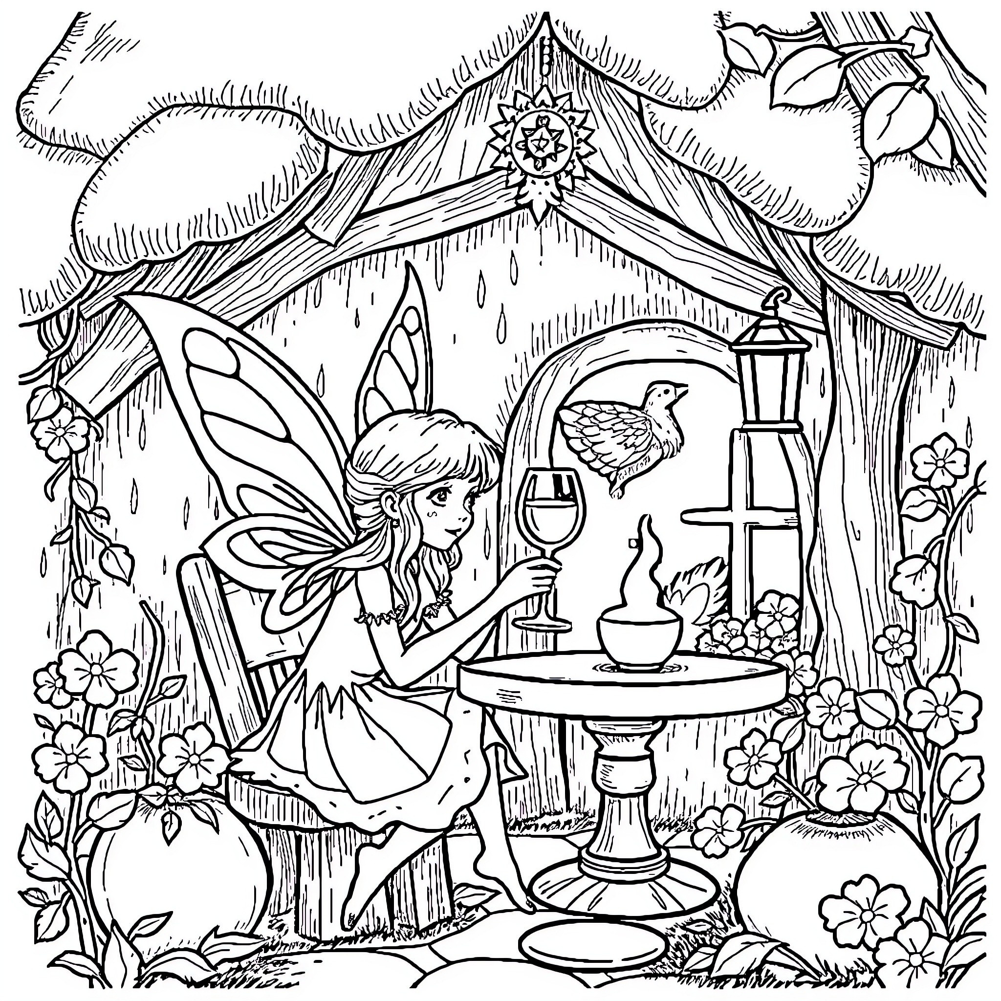 Fairy enjoying a cozy meal in a whimsical garden Coloring Page (free black-and-white line drawing printable PDF for all, from beginners to advanced learners, including children, teens, adults, and seniors)