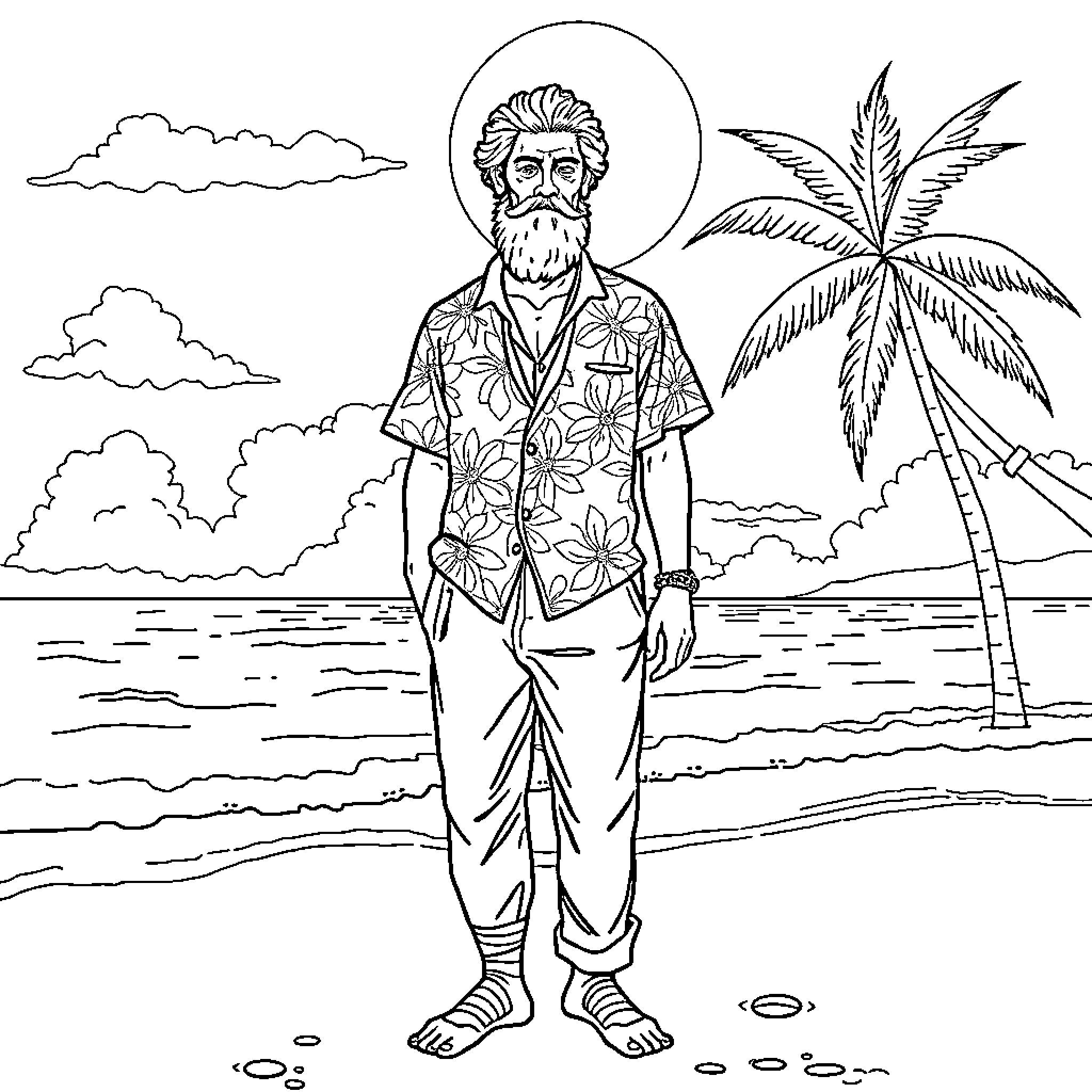 Sappho's Tropical Retreat Coloring Page (free black-and-white line drawing printable PDF for all, from beginners to advanced learners, including children, teens, adults, and seniors)