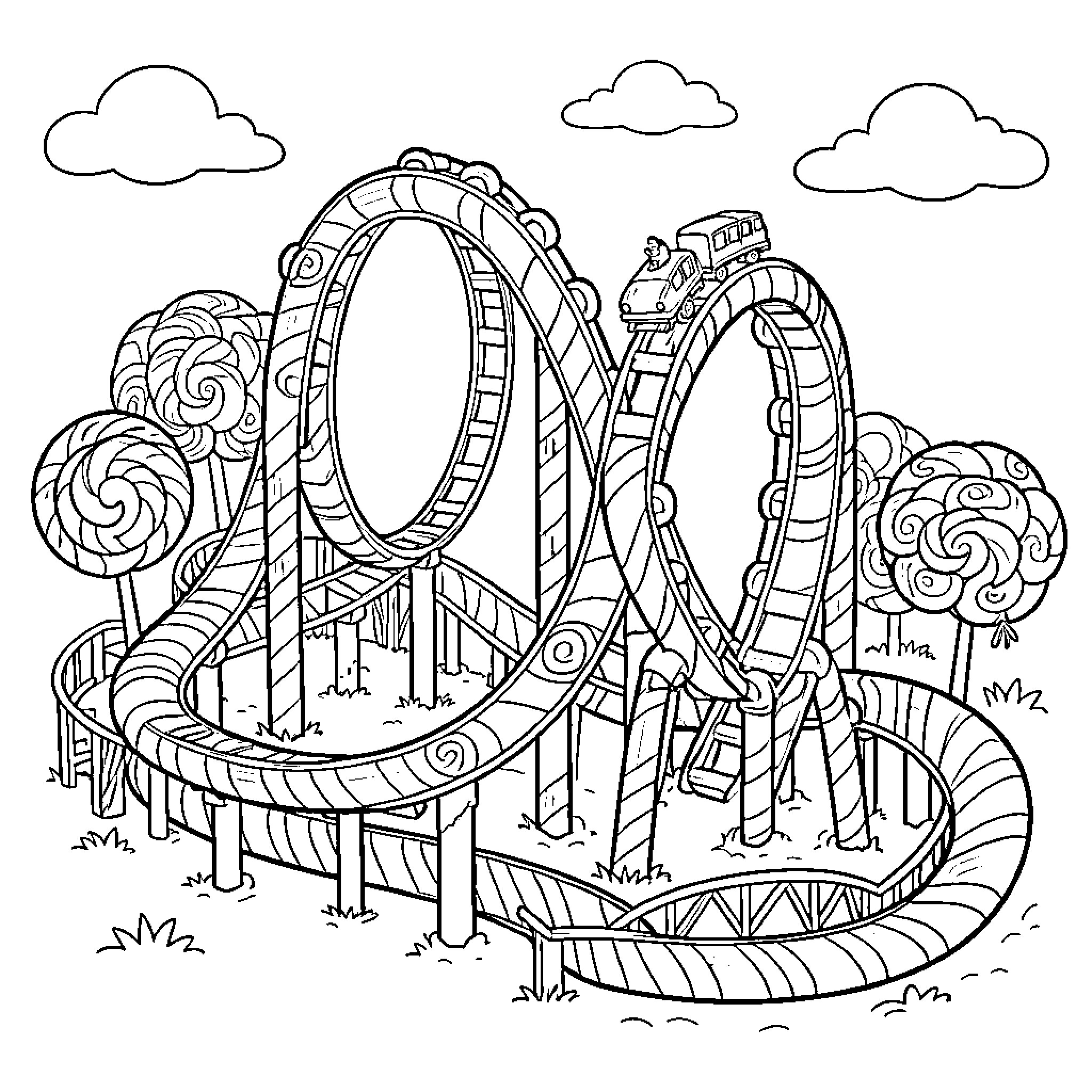 Roller Coaster Excitement and Adventure Coloring Page (free black-and-white line drawing printable PDF for all, from beginners to advanced learners, including children, teens, adults, and seniors)