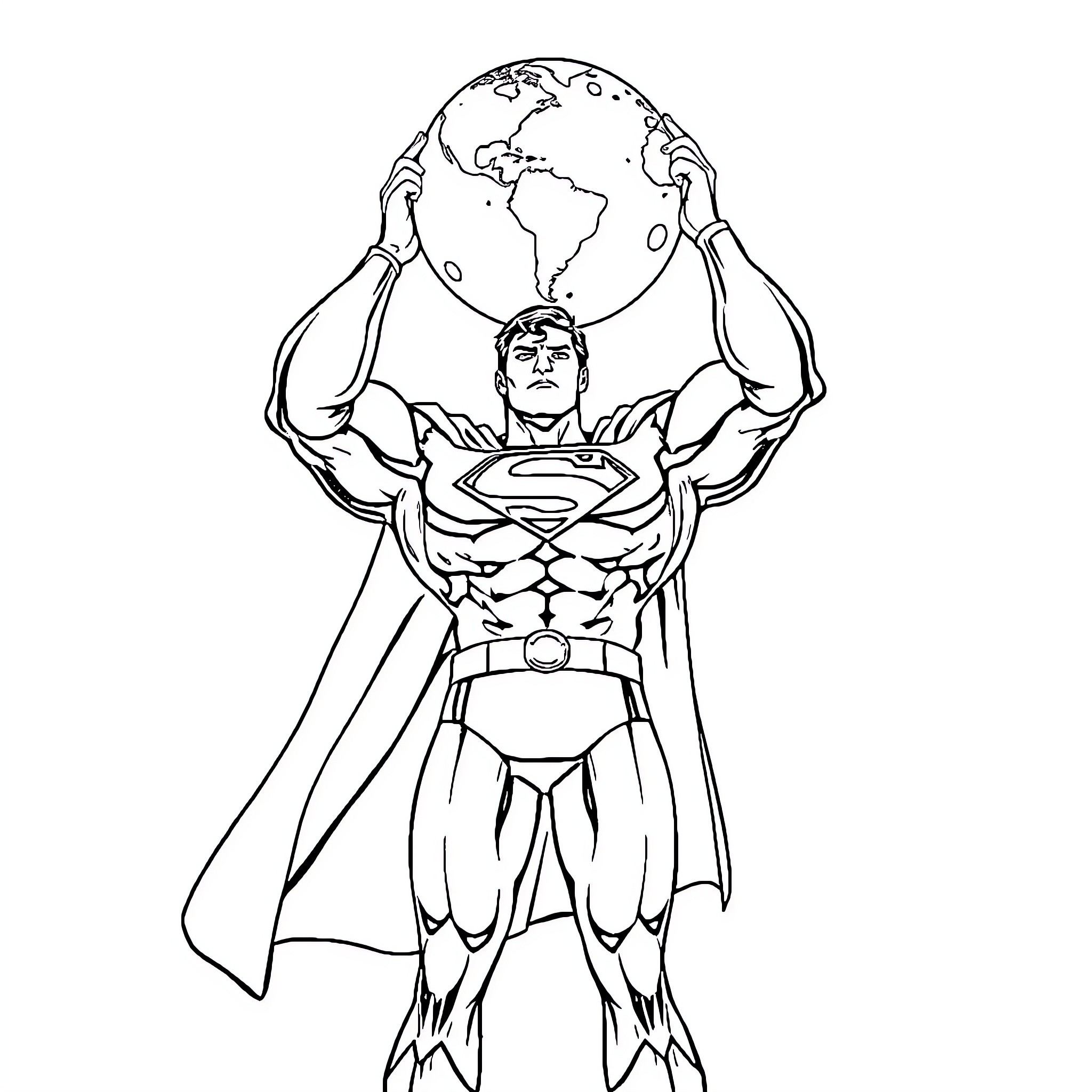 Superman holding the globe with determination Coloring Page (free black-and-white line drawing printable PDF for all, from beginners to advanced learners, including children, teens, adults, and seniors)