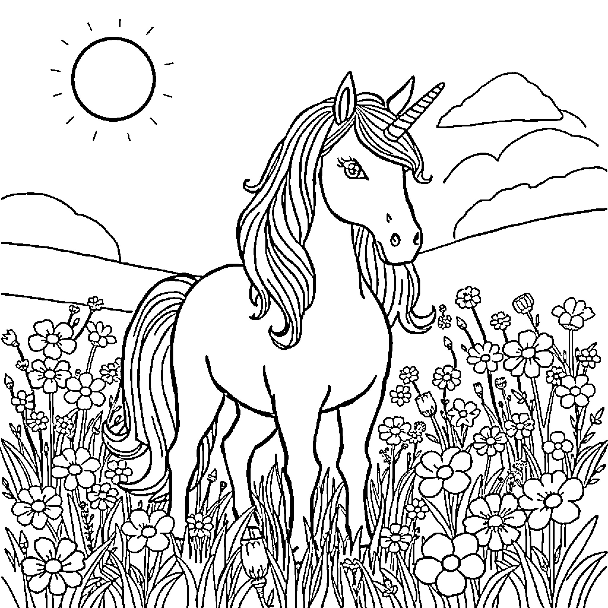 Unicorn standing majestically in a flower-filled meadow Coloring Page (free black-and-white line drawing printable PDF for all, from beginners to advanced learners, including children, teens, adults, and seniors)