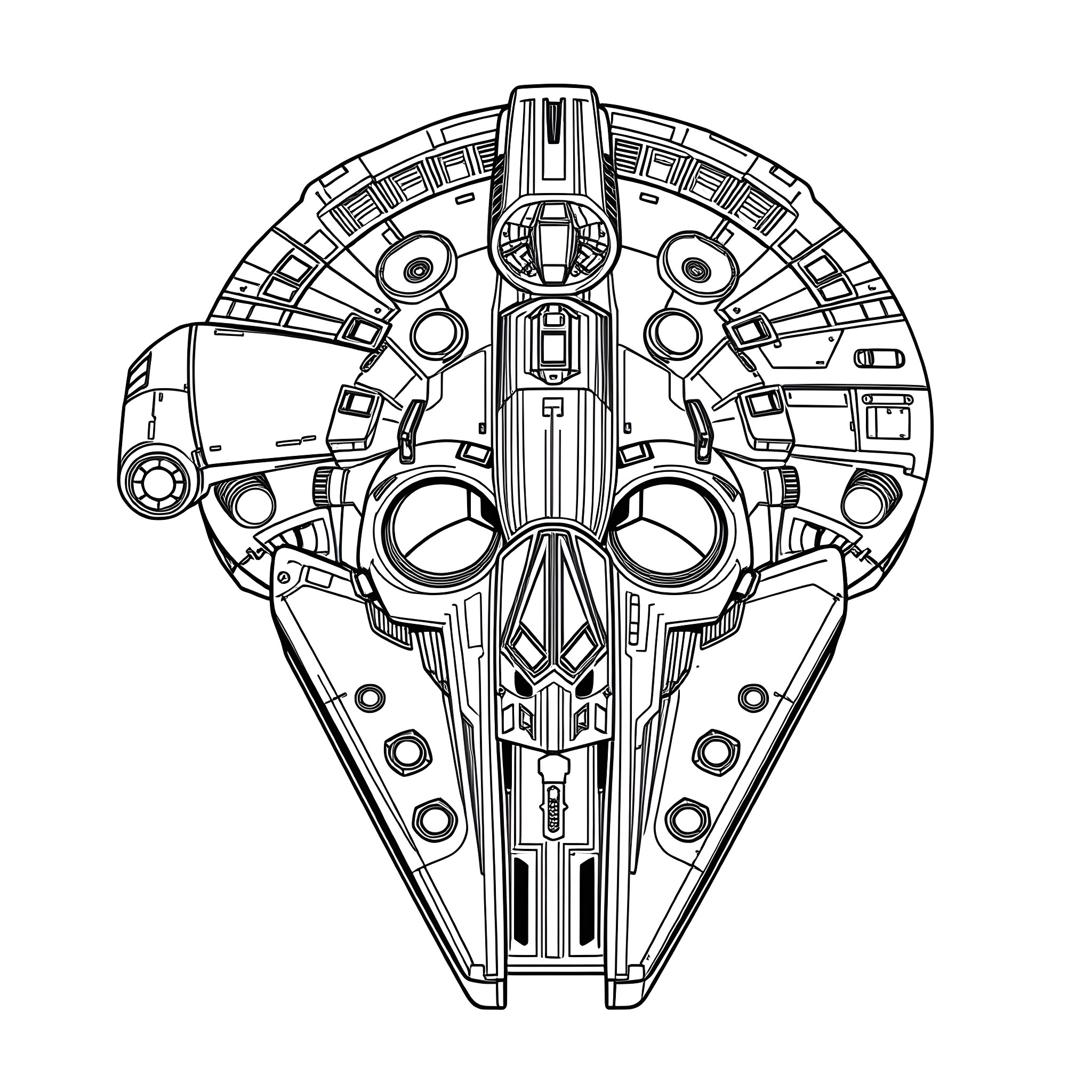 Skull-shaped Spacecraft with Intricate Mechanics Coloring Page (free black-and-white line drawing printable PDF for all, from beginners to advanced learners, including children, teens, adults, and seniors)