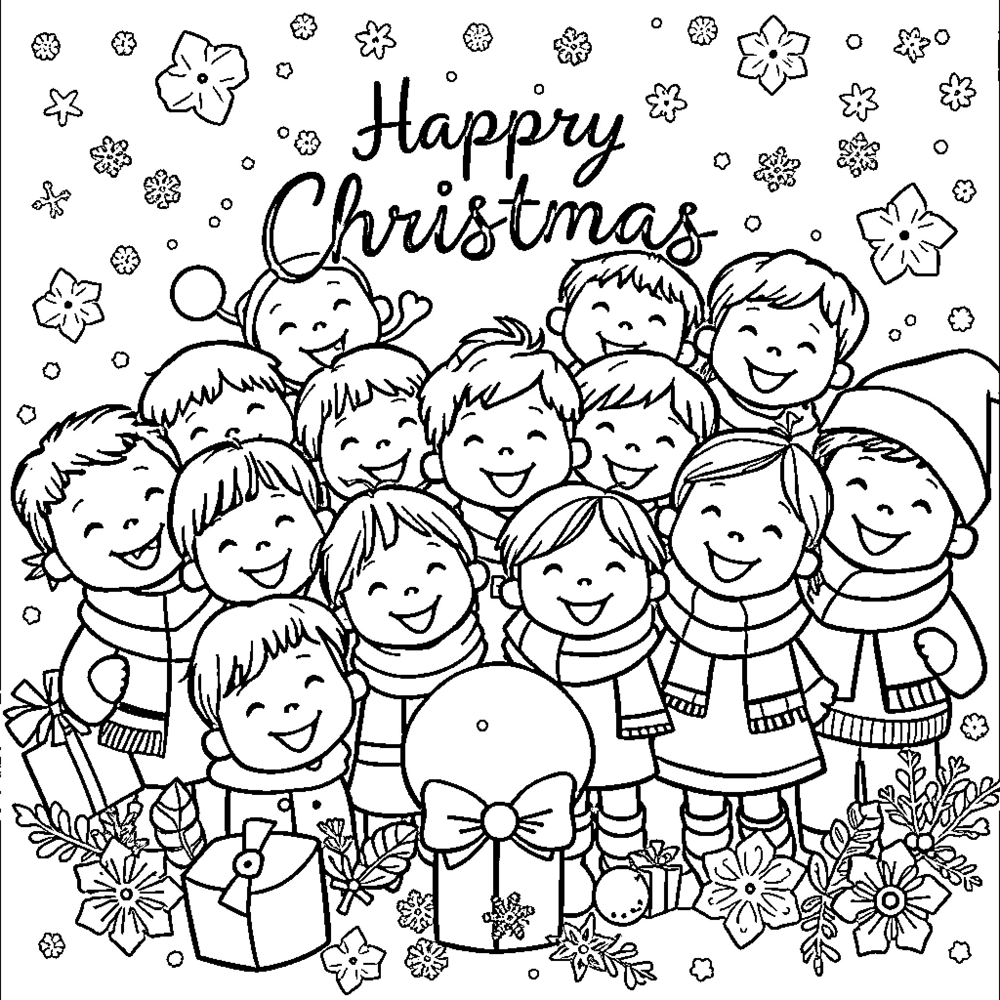 Child Celebrating Happy Christmas with Friends Coloring Page (free black-and-white line drawing printable PDF for all, from beginners to advanced learners, including children, teens, adults, and seniors)