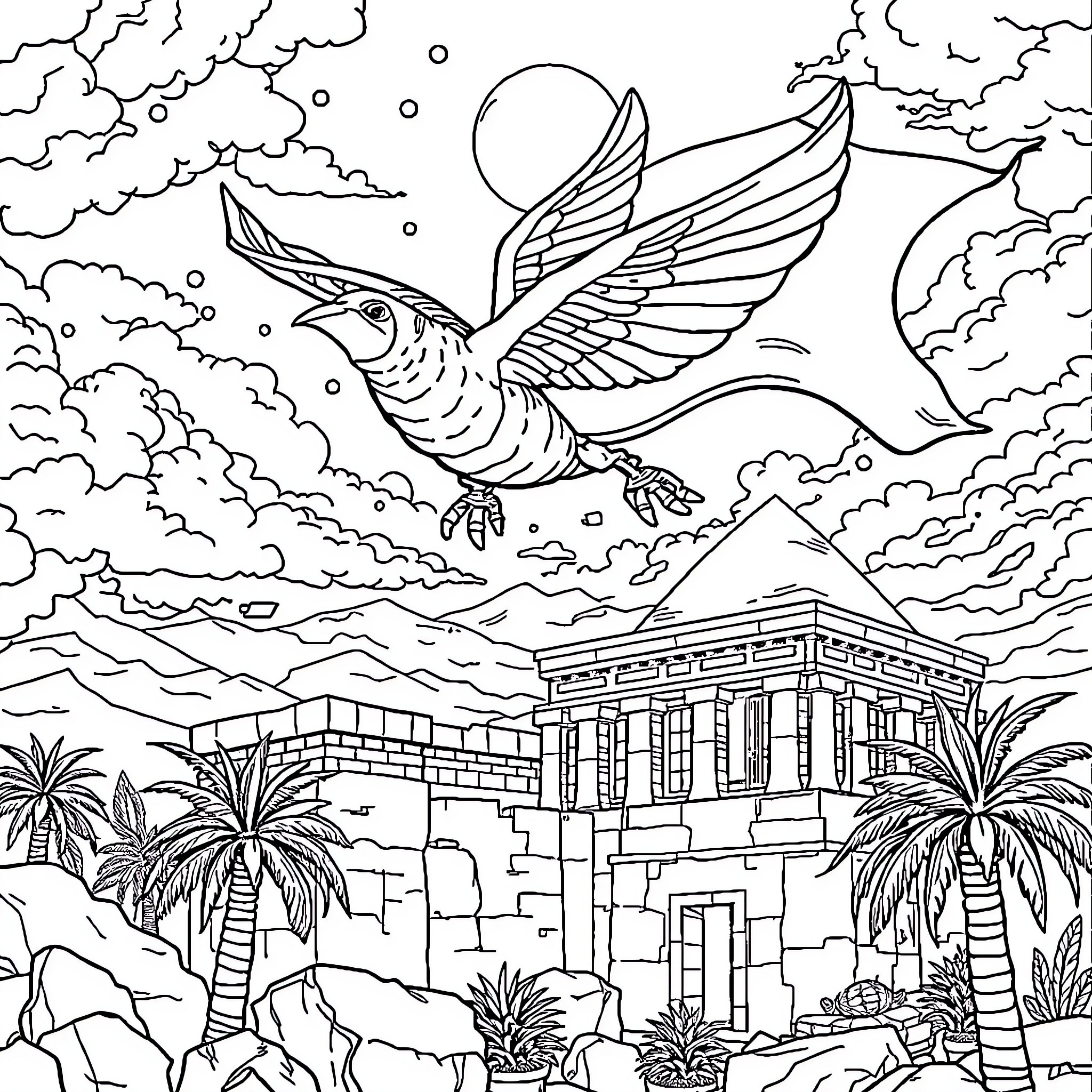 Bat soaring over ancient ruins in the night sky Coloring Page (free black-and-white line drawing printable PDF for all, from beginners to advanced learners, including children, teens, adults, and seniors)