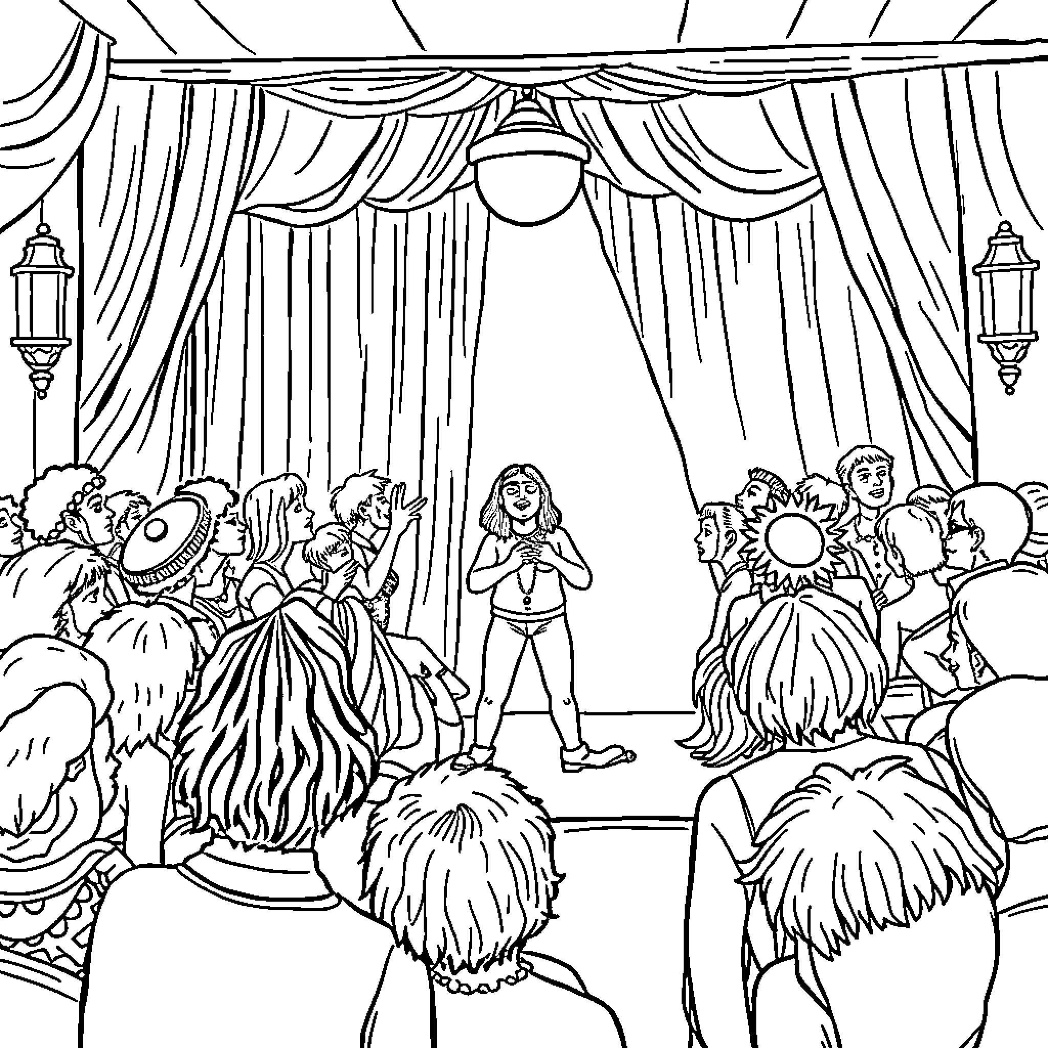 Rocky Horror Stage Performance with Costumed Characters Coloring Page (free black-and-white line drawing printable PDF for all, from beginners to advanced learners, including children, teens, adults, and seniors)