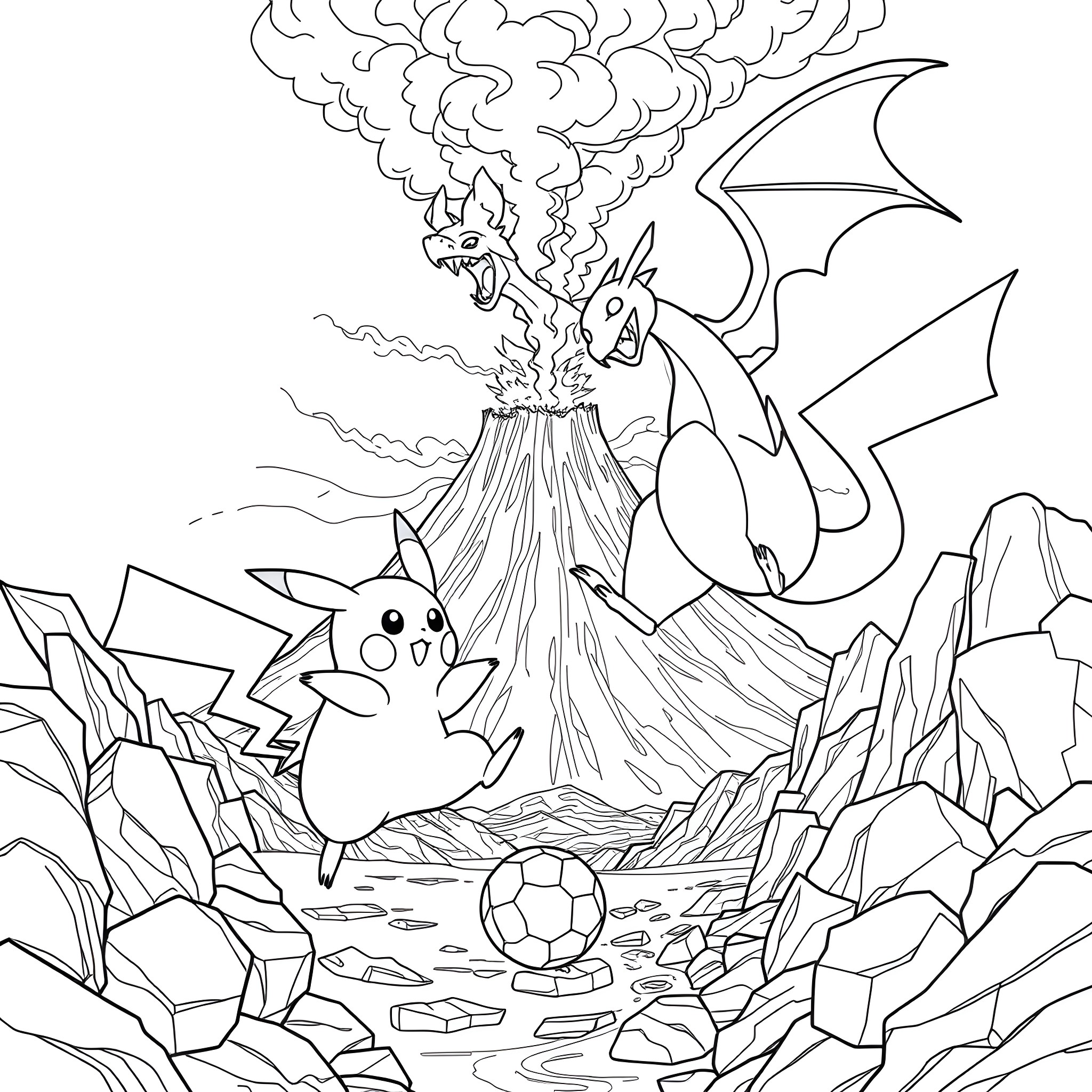 Pikachu and Charizard face off in a volcanic landscape Coloring Page (free black-and-white line drawing printable PDF for all, from beginners to advanced learners, including children, teens, adults, and seniors)