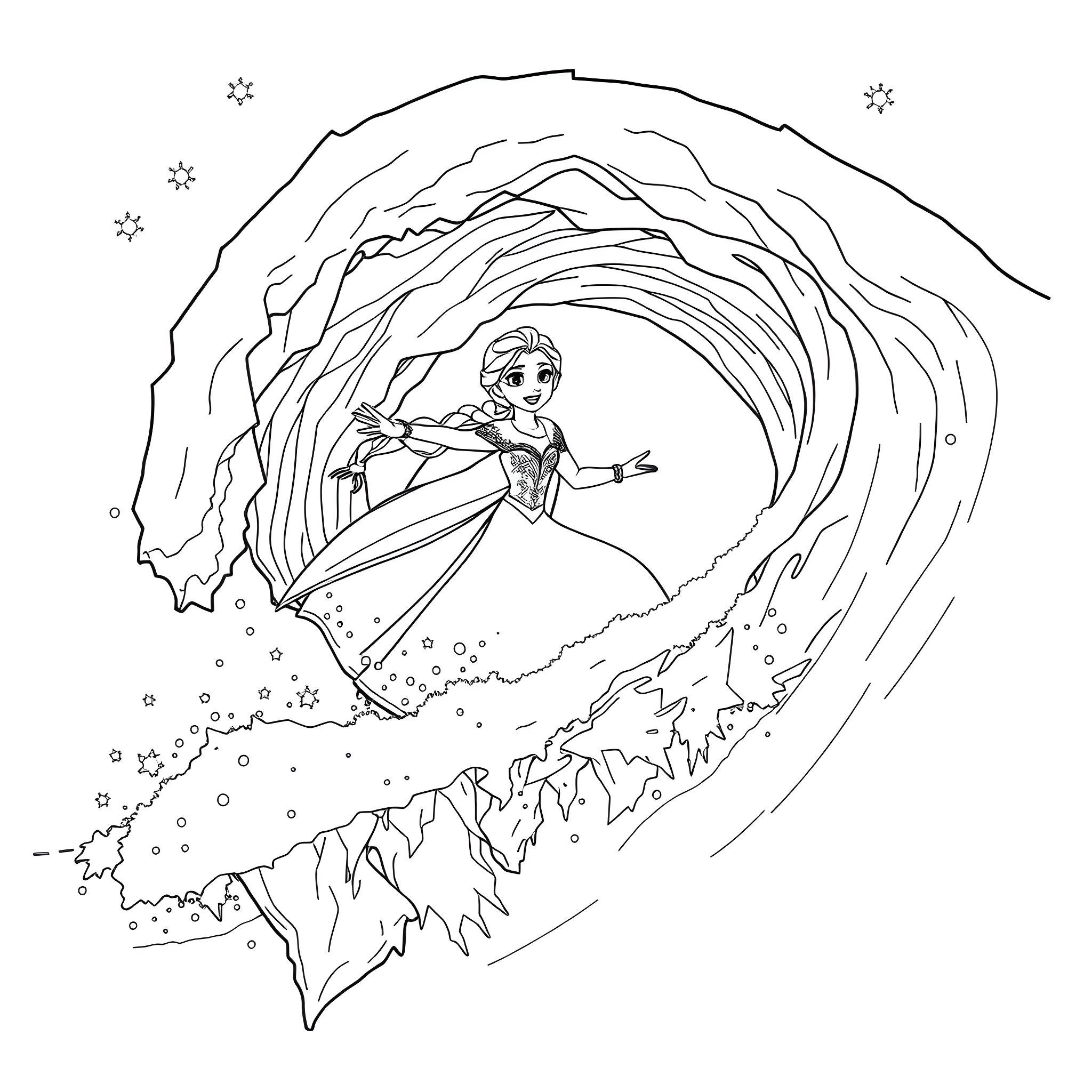 Elsa and Anna in a magical winter wonderland Coloring Page (free black-and-white line drawing printable PDF for all, from beginners to advanced learners, including children, teens, adults, and seniors)