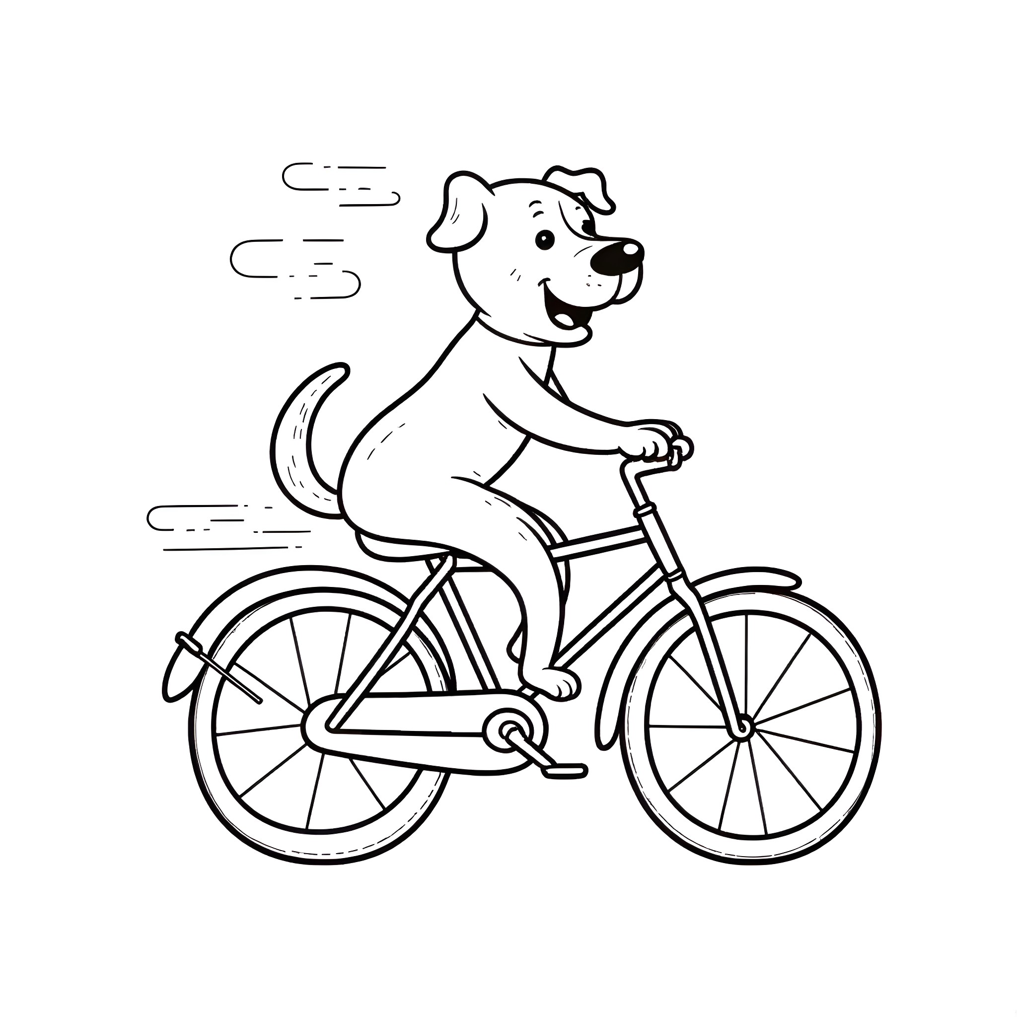 Dog riding a bicycle happily Coloring Page (free black-and-white line drawing printable PDF for all, from beginners to advanced learners, including children, teens, adults, and seniors)