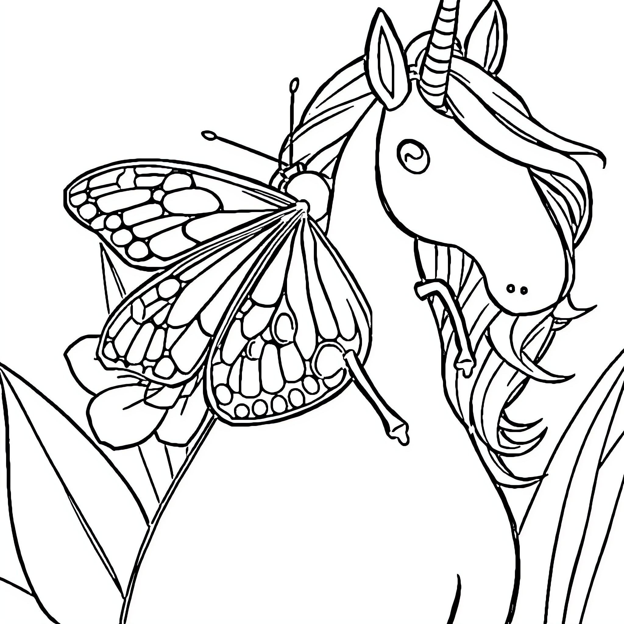Ladybug and Unicorn in Whimsical Embrace Coloring Page (free black-and-white line drawing printable PDF for all, from beginners to advanced learners, including children, teens, adults, and seniors)