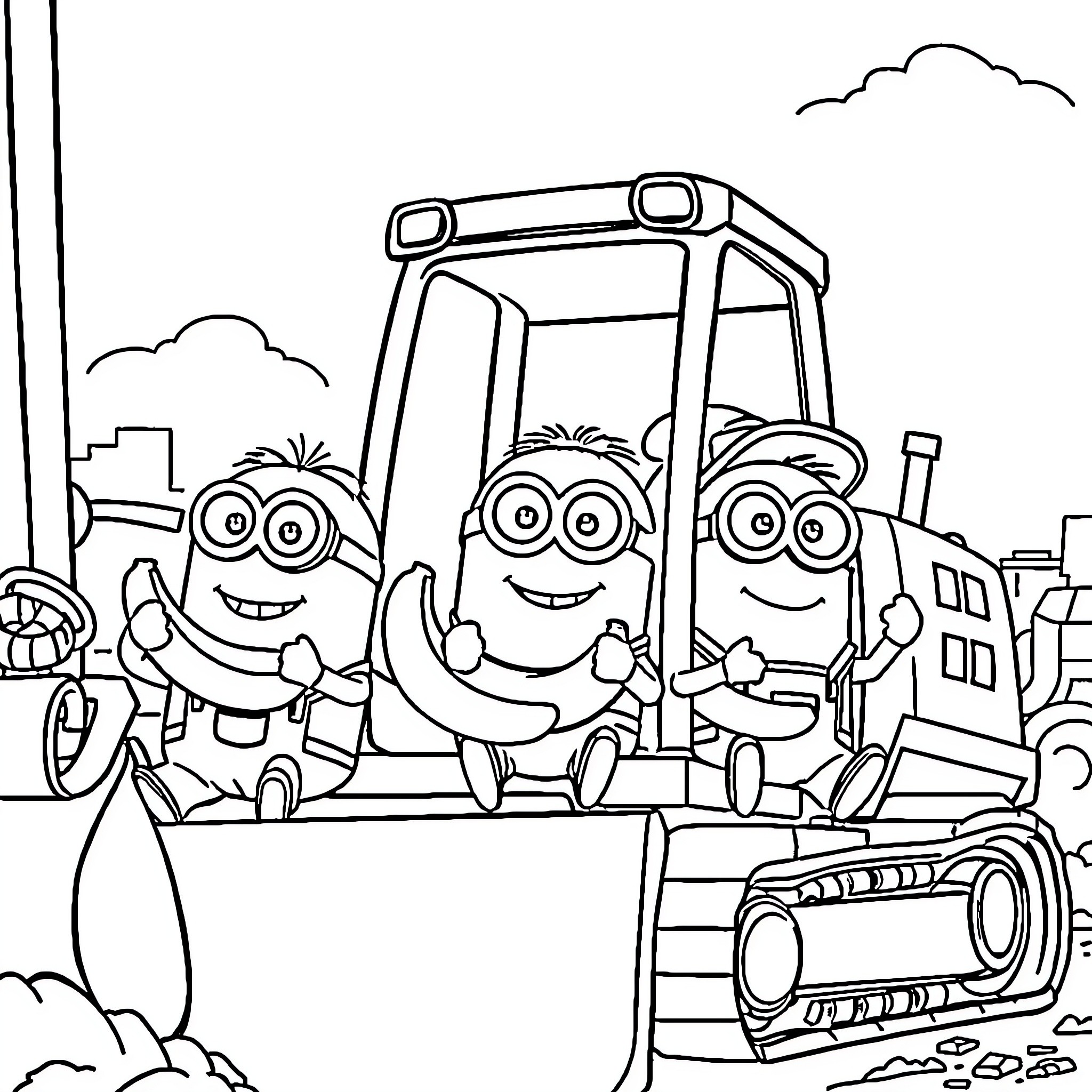 Minions happily riding a construction vehicle Coloring Page (free black-and-white line drawing printable PDF for all, from beginners to advanced learners, including children, teens, adults, and seniors)