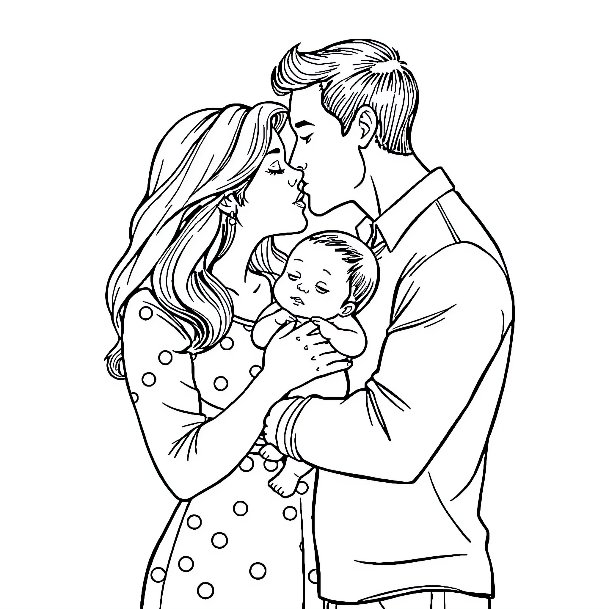 Family moment of affection and care Coloring Page (free black-and-white line drawing printable PDF for all, from beginners to advanced learners, including children, teens, adults, and seniors)