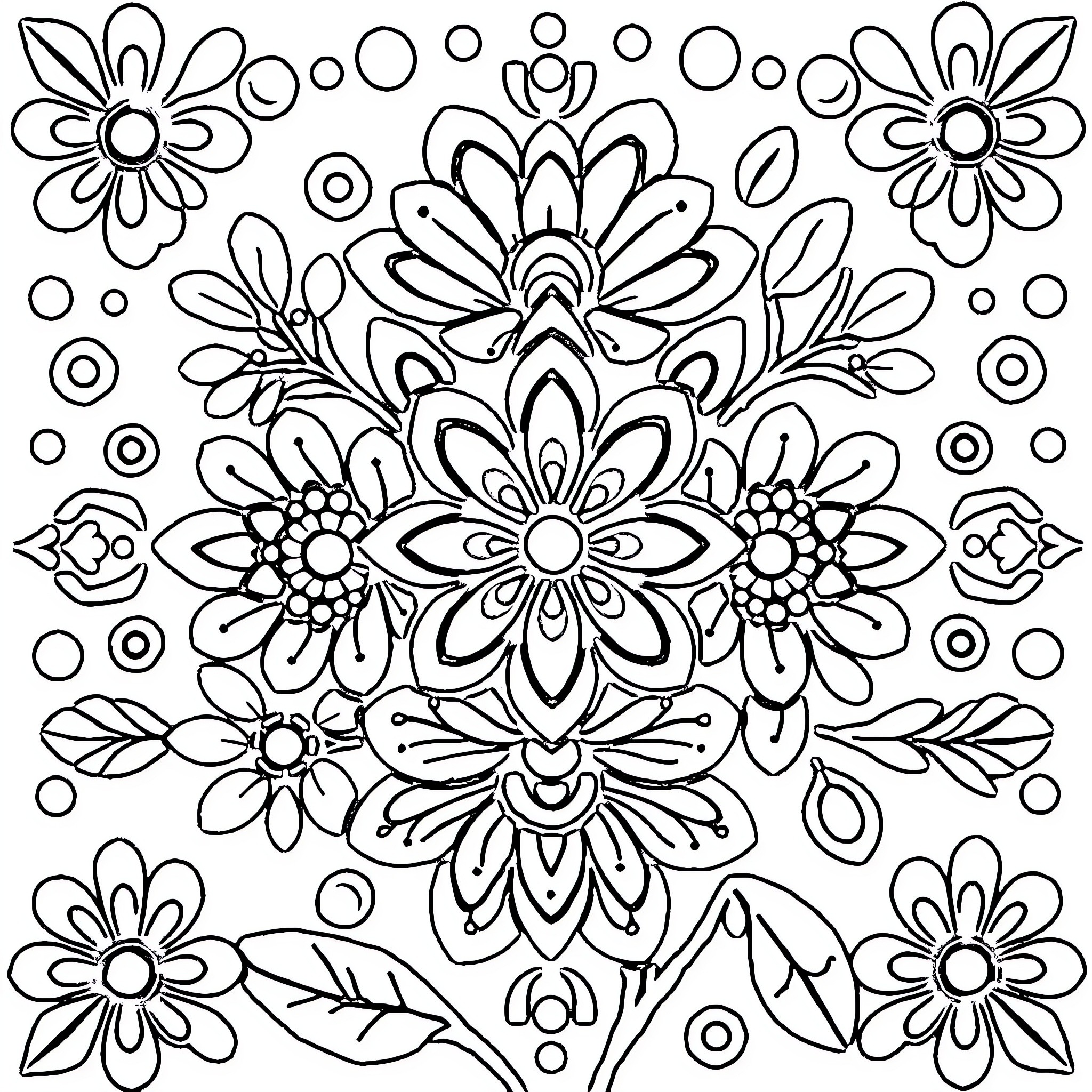 Floral abstract pattern with ornamental flowers Coloring Page (free black-and-white line drawing printable PDF for all, from beginners to advanced learners, including children, teens, adults, and seniors)