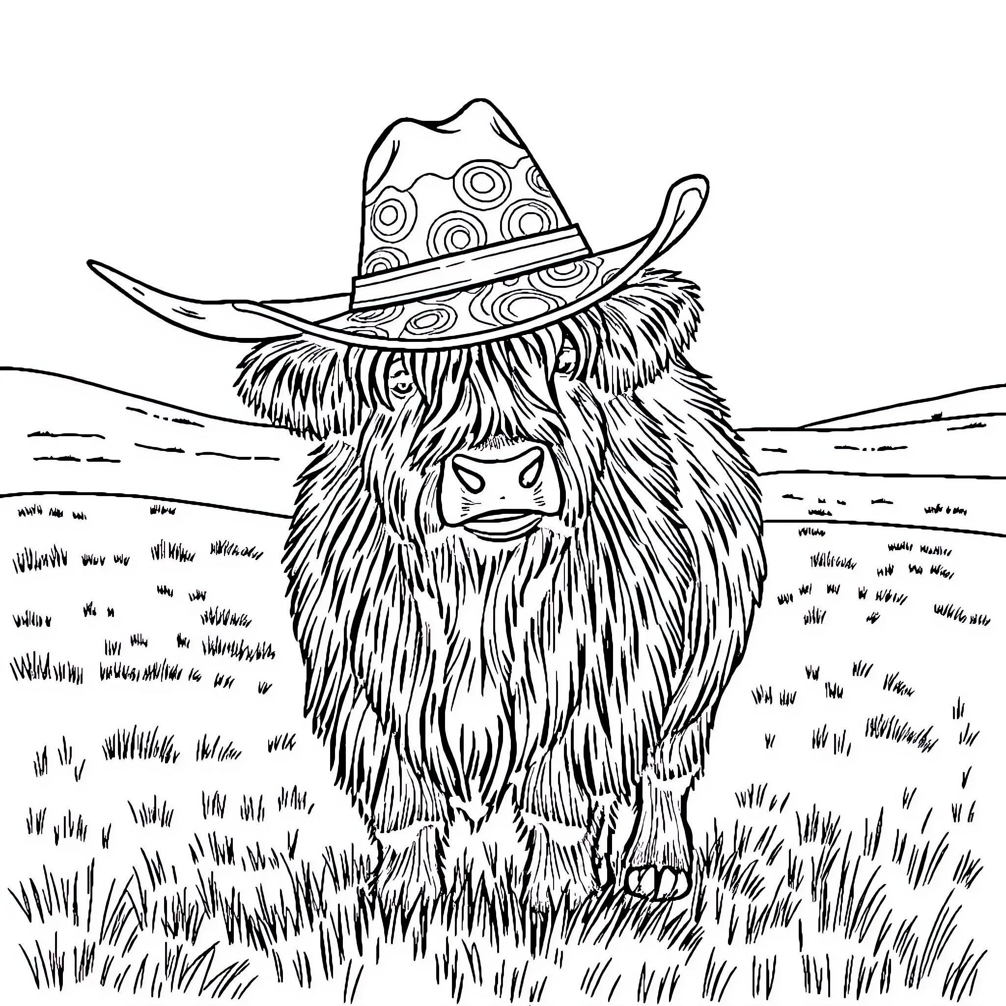 Highland Cow enjoying the outdoors in a field Coloring Page (free black-and-white line drawing printable PDF for all, from beginners to advanced learners, including children, teens, adults, and seniors)