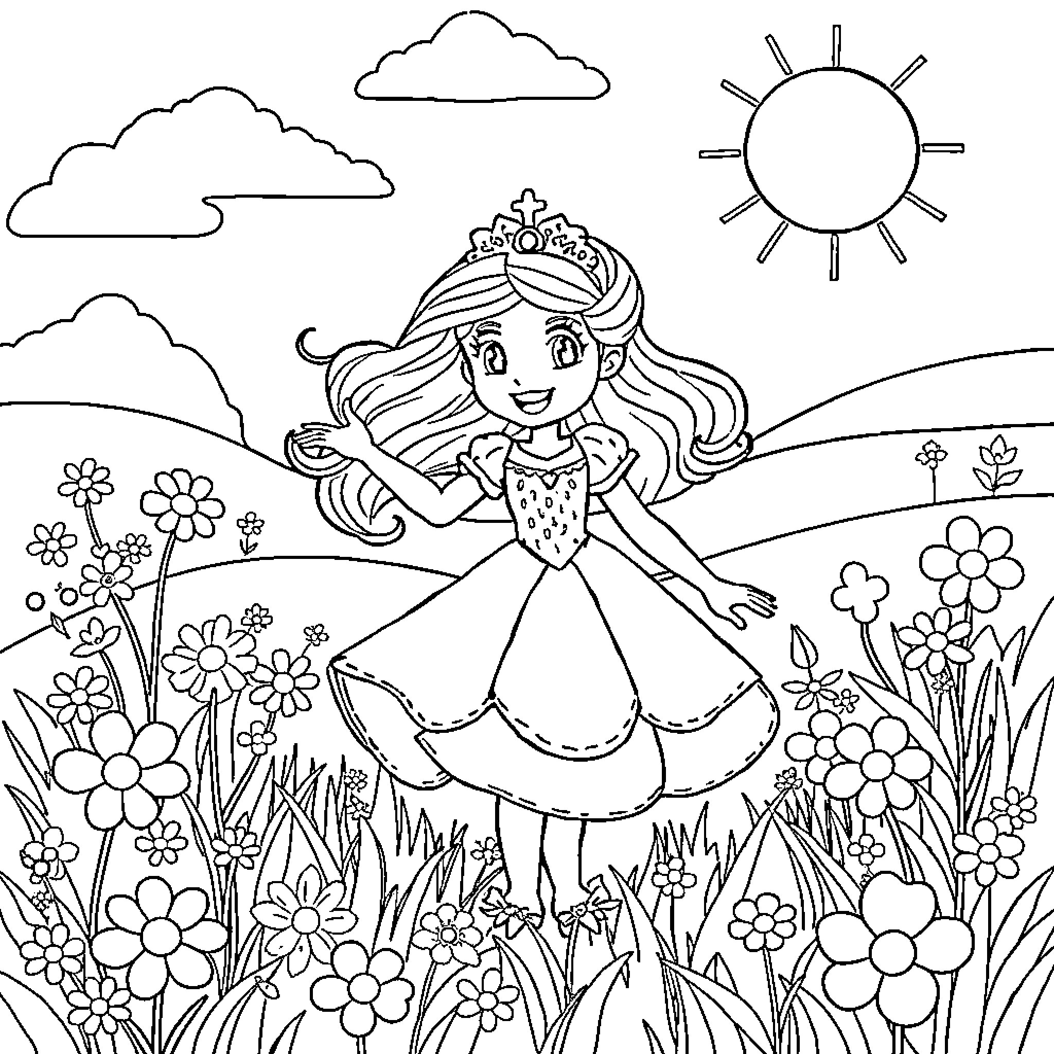 Princess Enjoying Nature's Beauty in a Flowery Field Coloring Page (free black-and-white line drawing printable PDF for all, from beginners to advanced learners, including children, teens, adults, and seniors)