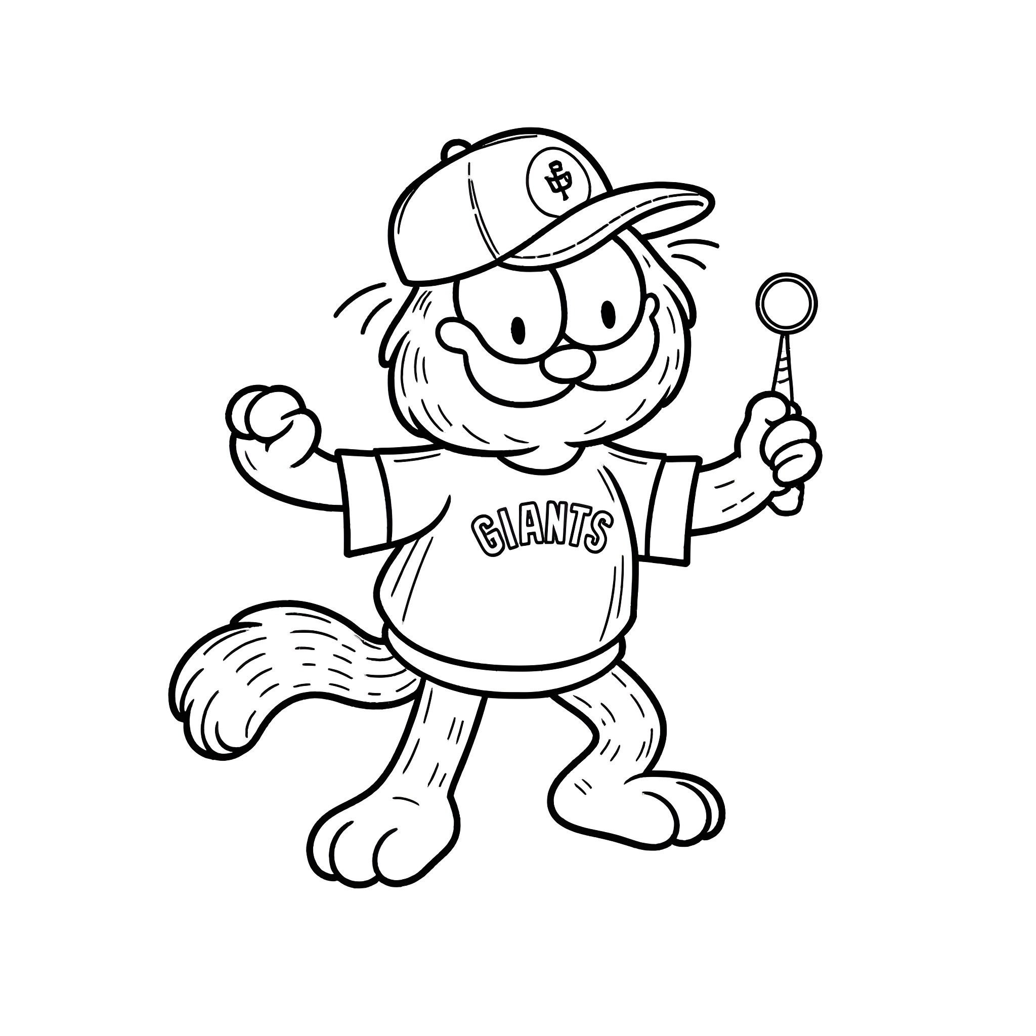 Garfield the Giants fan with baseball gear Coloring Page (free black-and-white line drawing printable PDF for all, from beginners to advanced learners, including children, teens, adults, and seniors)