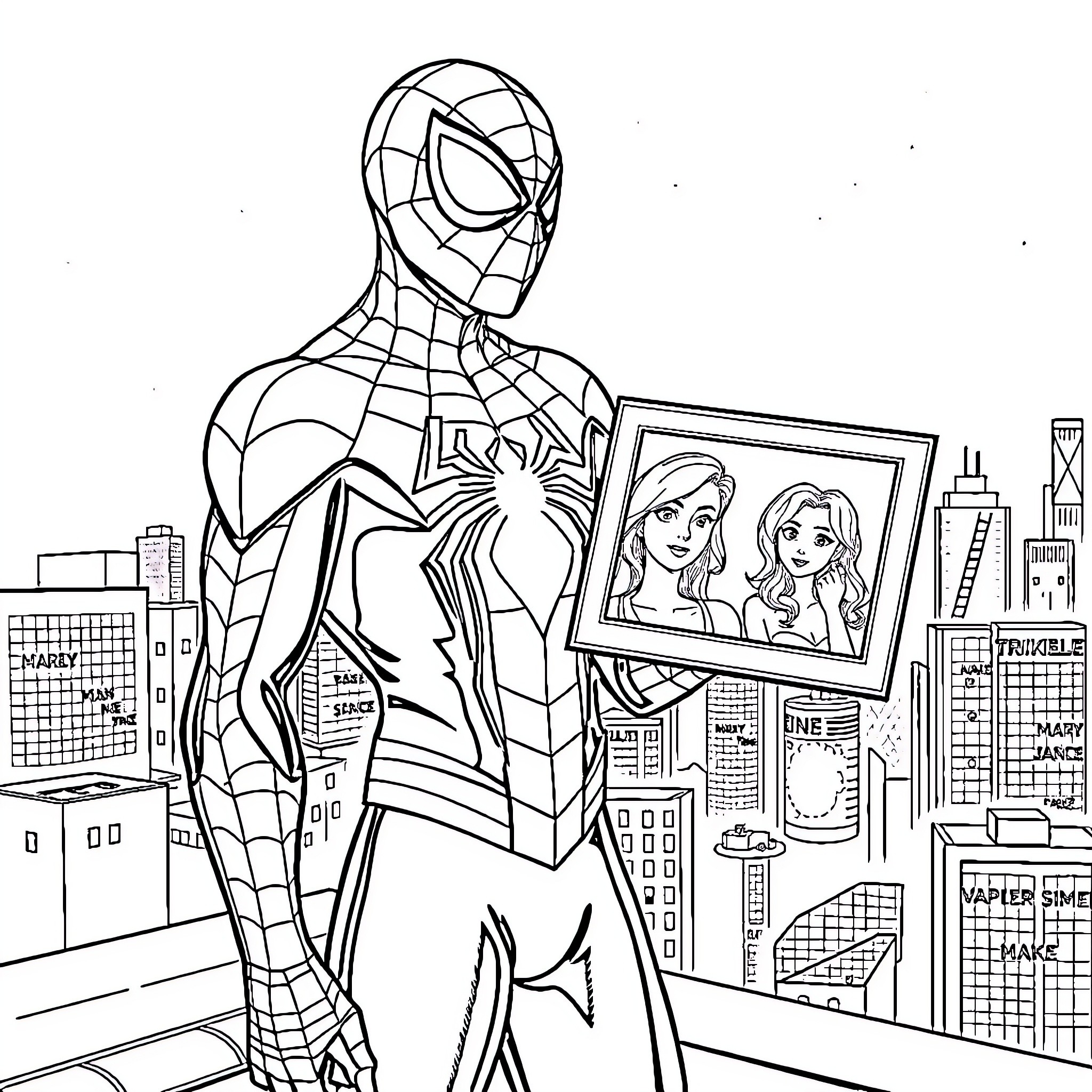 Spiderman admiring a portrait of loved ones in the city Coloring Page (free black-and-white line drawing printable PDF for all, from beginners to advanced learners, including children, teens, adults, and seniors)
