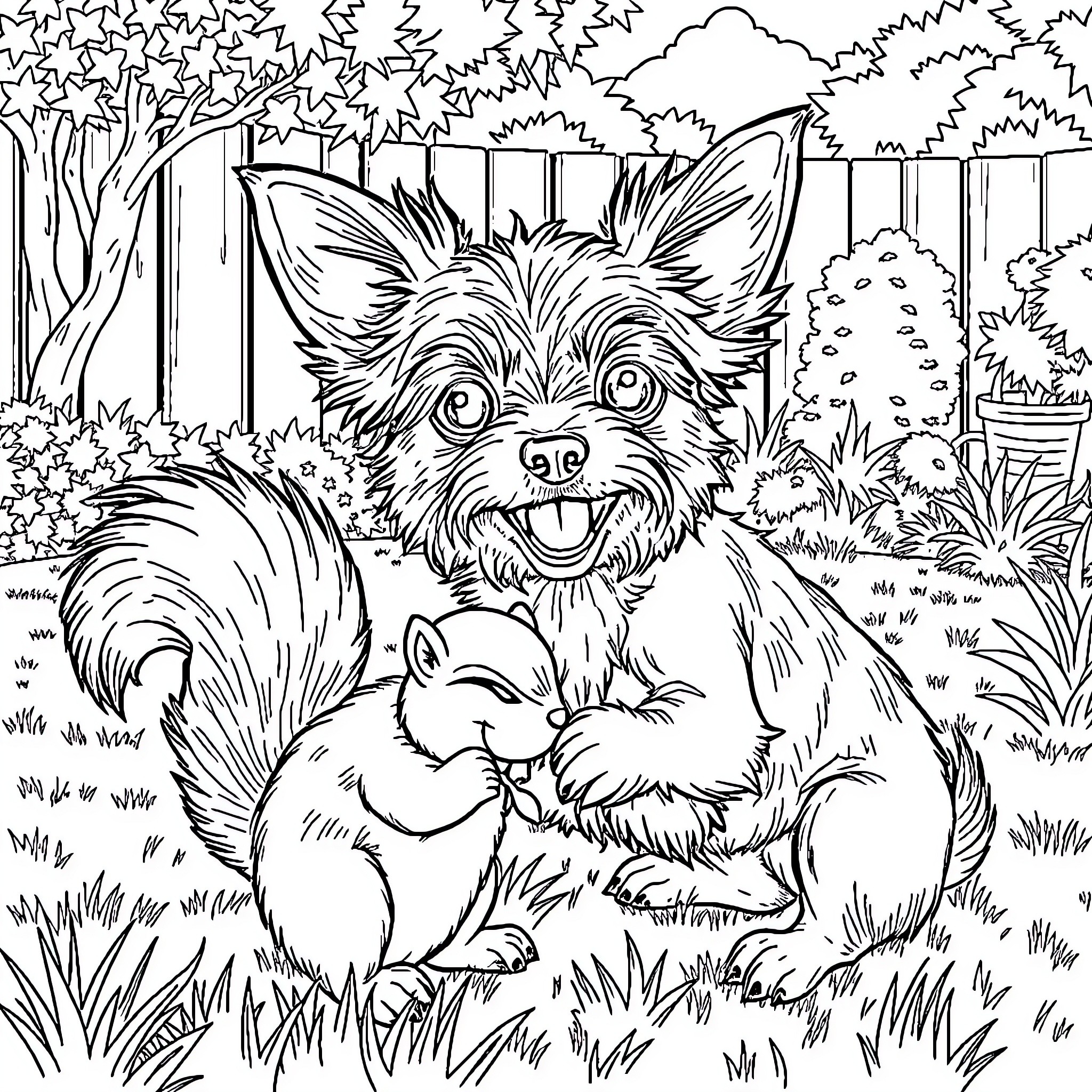 Chihuahua playing happily with a squirrel in the forest Coloring Page (free black-and-white line drawing printable PDF for all, from beginners to advanced learners, including children, teens, adults, and seniors)