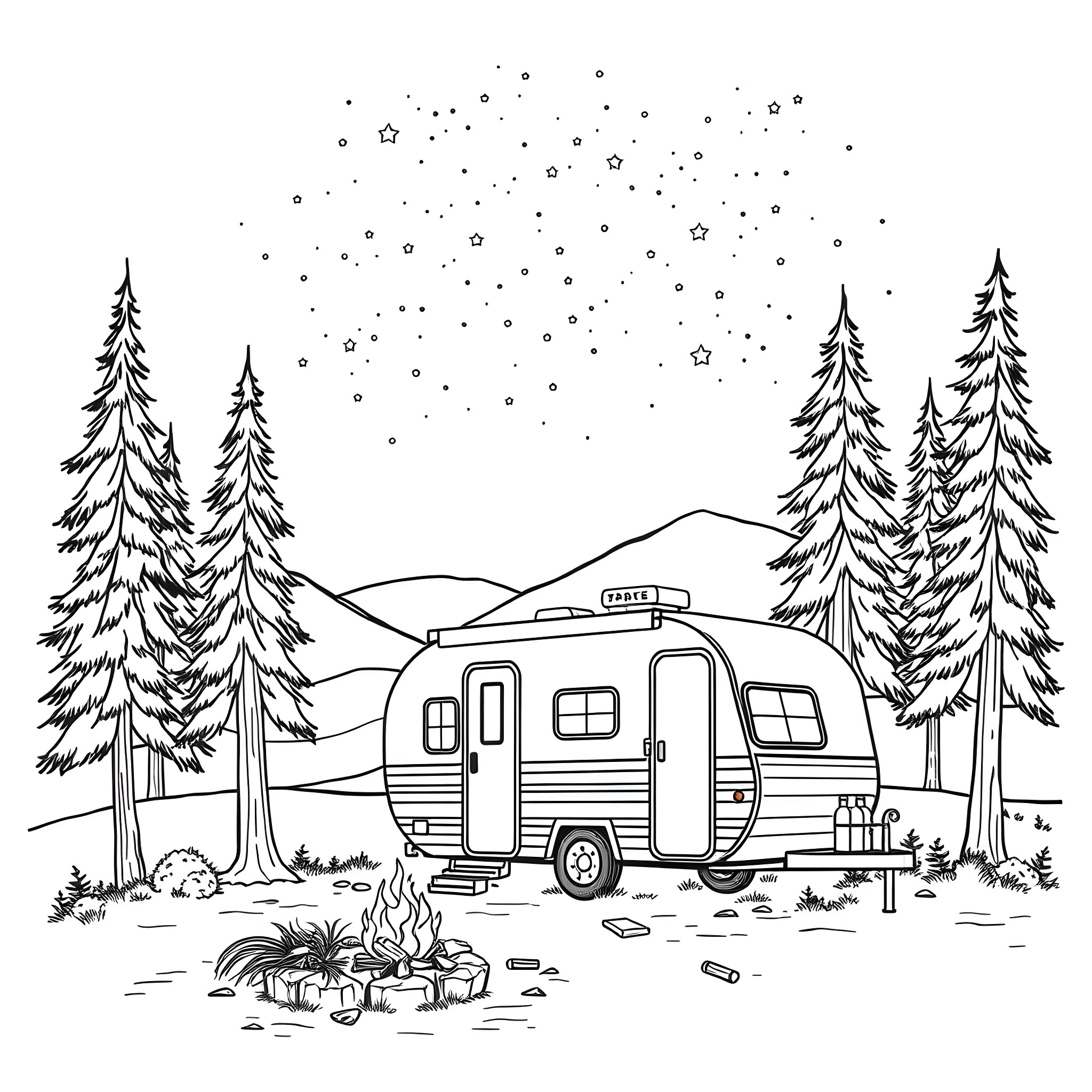 Trailer for a scenic snowy camping adventure Coloring Page (free black-and-white line drawing printable PDF for all, from beginners to advanced learners, including children, teens, adults, and seniors)