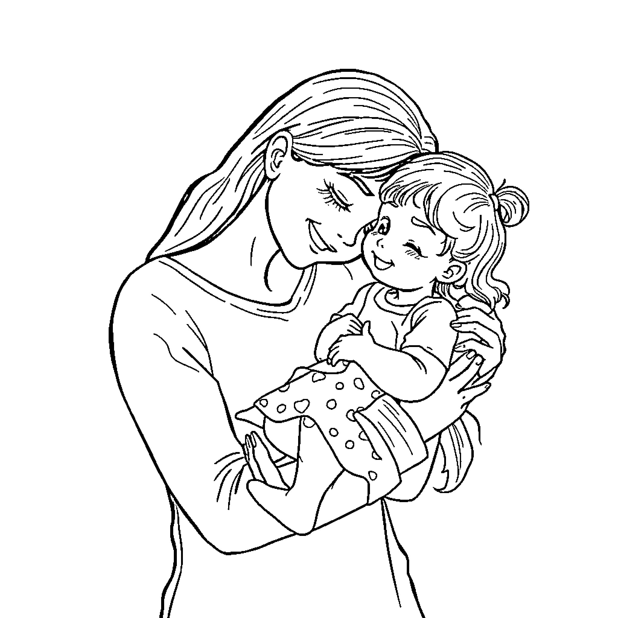 Sister Tenderly Embracing Young Child Coloring Page (free black-and-white line drawing printable PDF for all, from beginners to advanced learners, including children, teens, adults, and seniors)