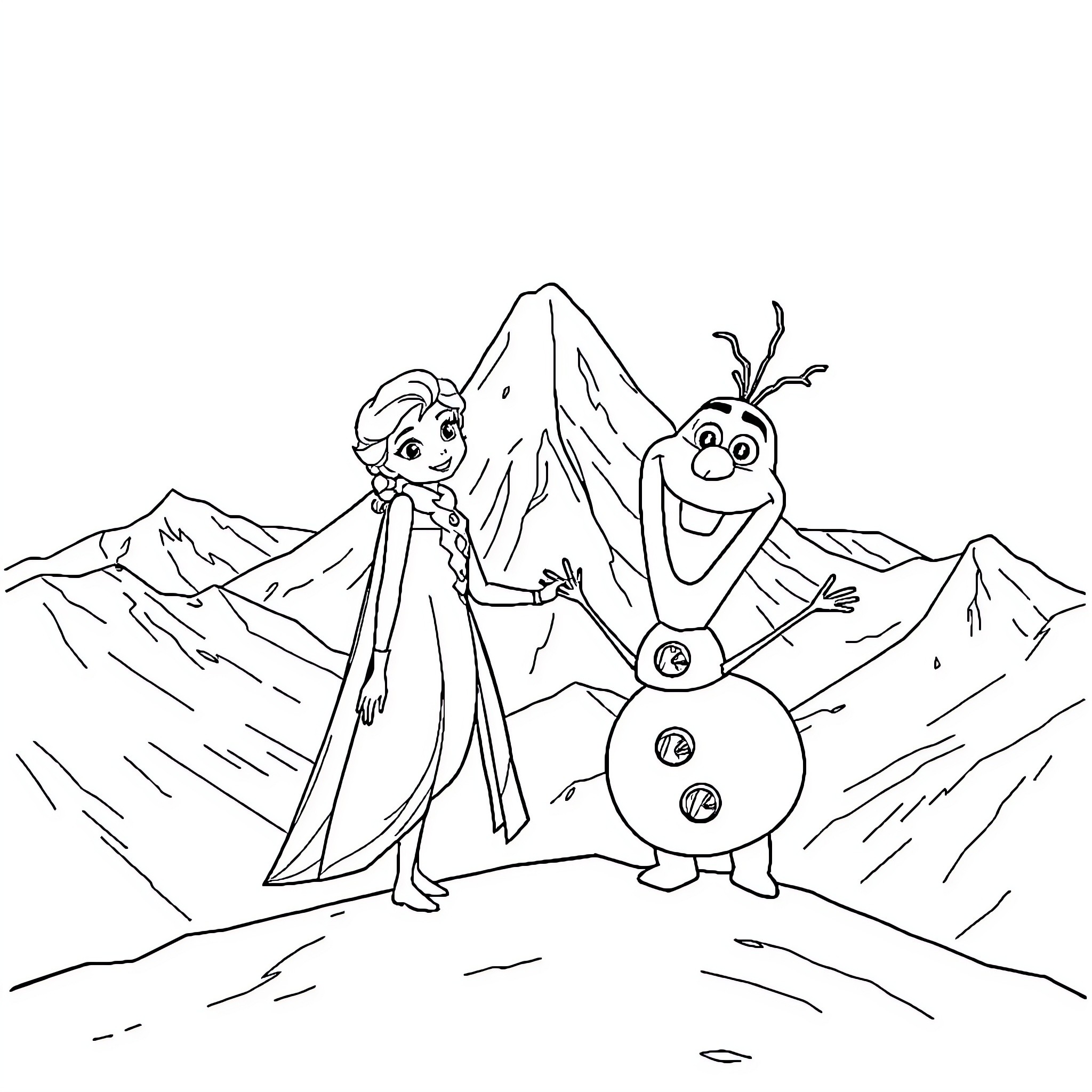 Elsa and Olaf in the Snow-Capped Mountains Coloring Page (free black-and-white line drawing printable PDF for all, from beginners to advanced learners, including children, teens, adults, and seniors)