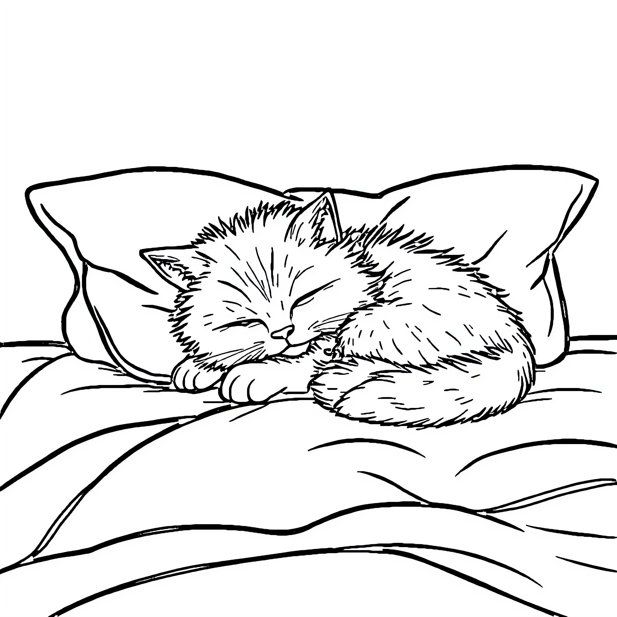 Cat sleeping peacefully on cozy bed Coloring Page (free black-and-white line drawing printable PDF for all, from beginners to advanced learners, including children, teens, adults, and seniors)