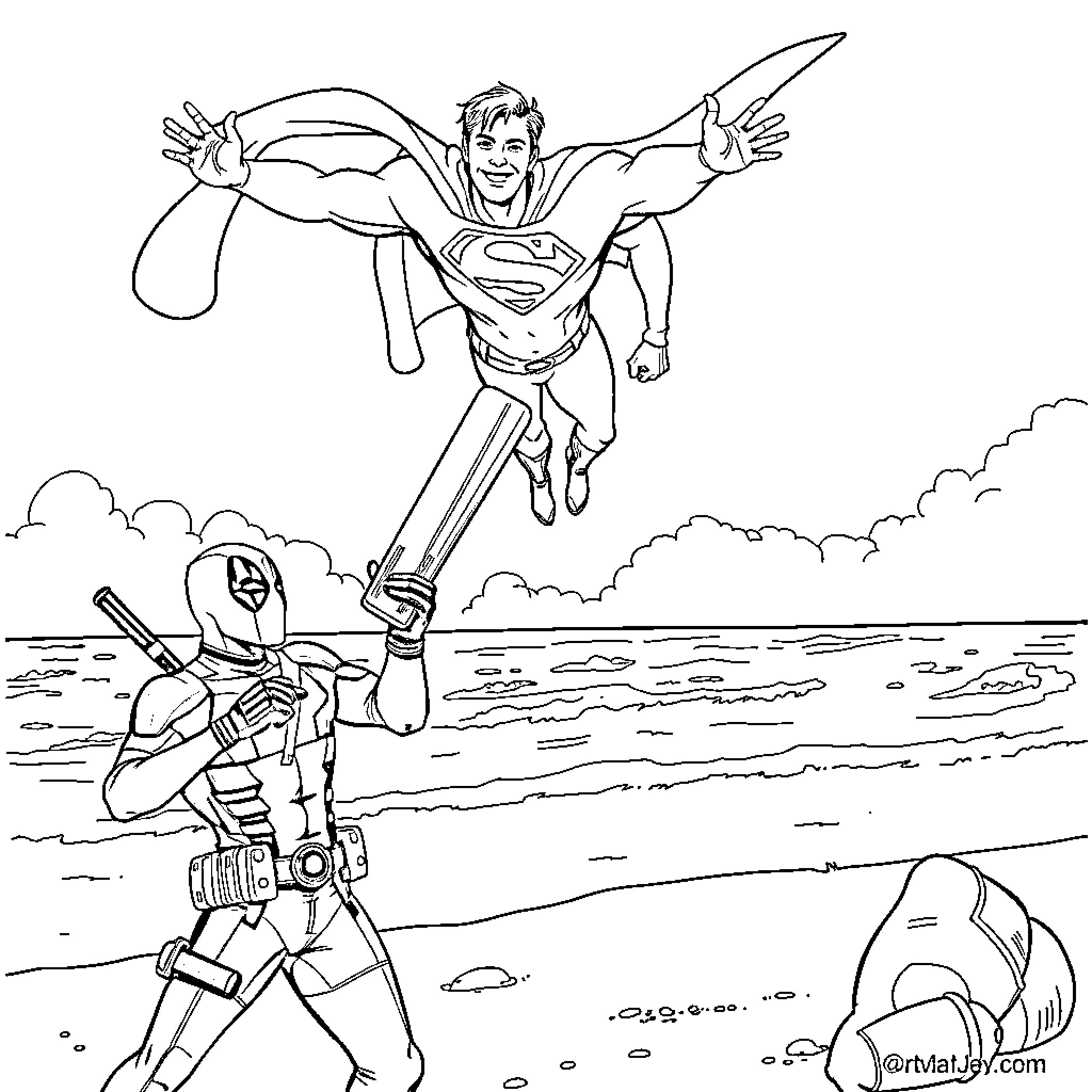 Deadpool confronts Superman in an epic showdown Coloring Page (free black-and-white line drawing printable PDF for all, from beginners to advanced learners, including children, teens, adults, and seniors)