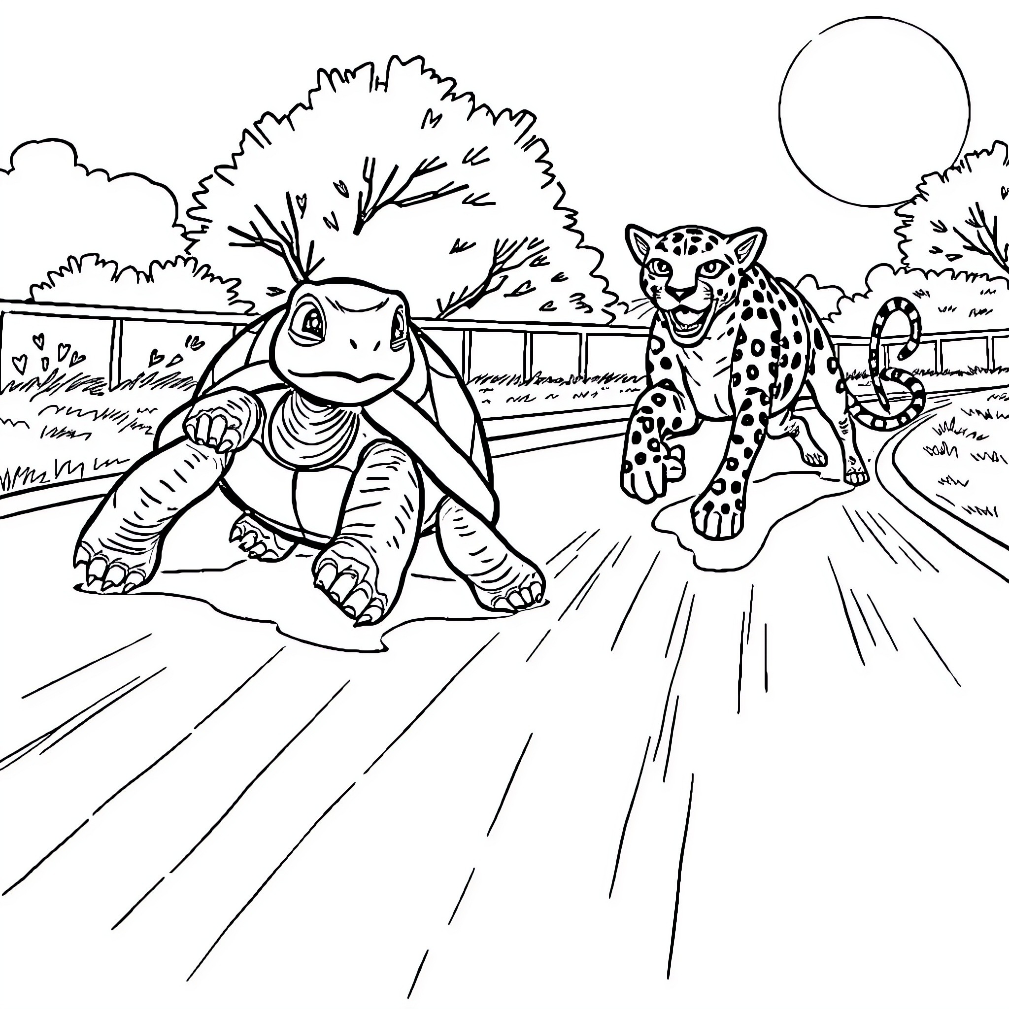 Turtle and Cheetah racing on a path Coloring Page (free black-and-white line drawing printable PDF for all, from beginners to advanced learners, including children, teens, adults, and seniors)