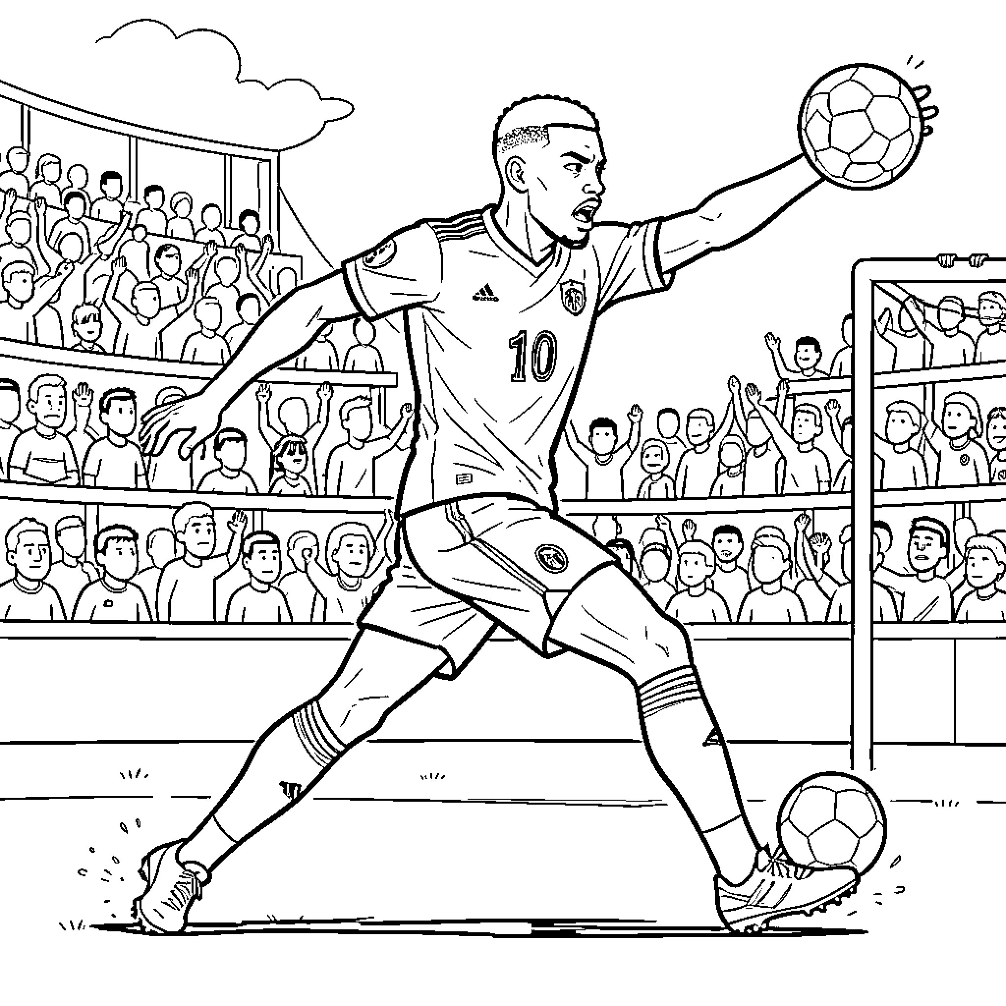 Mbappe playing soccer in a stadium before a crowd Coloring Page (free black-and-white line drawing printable PDF for all, from beginners to advanced learners, including children, teens, adults, and seniors)