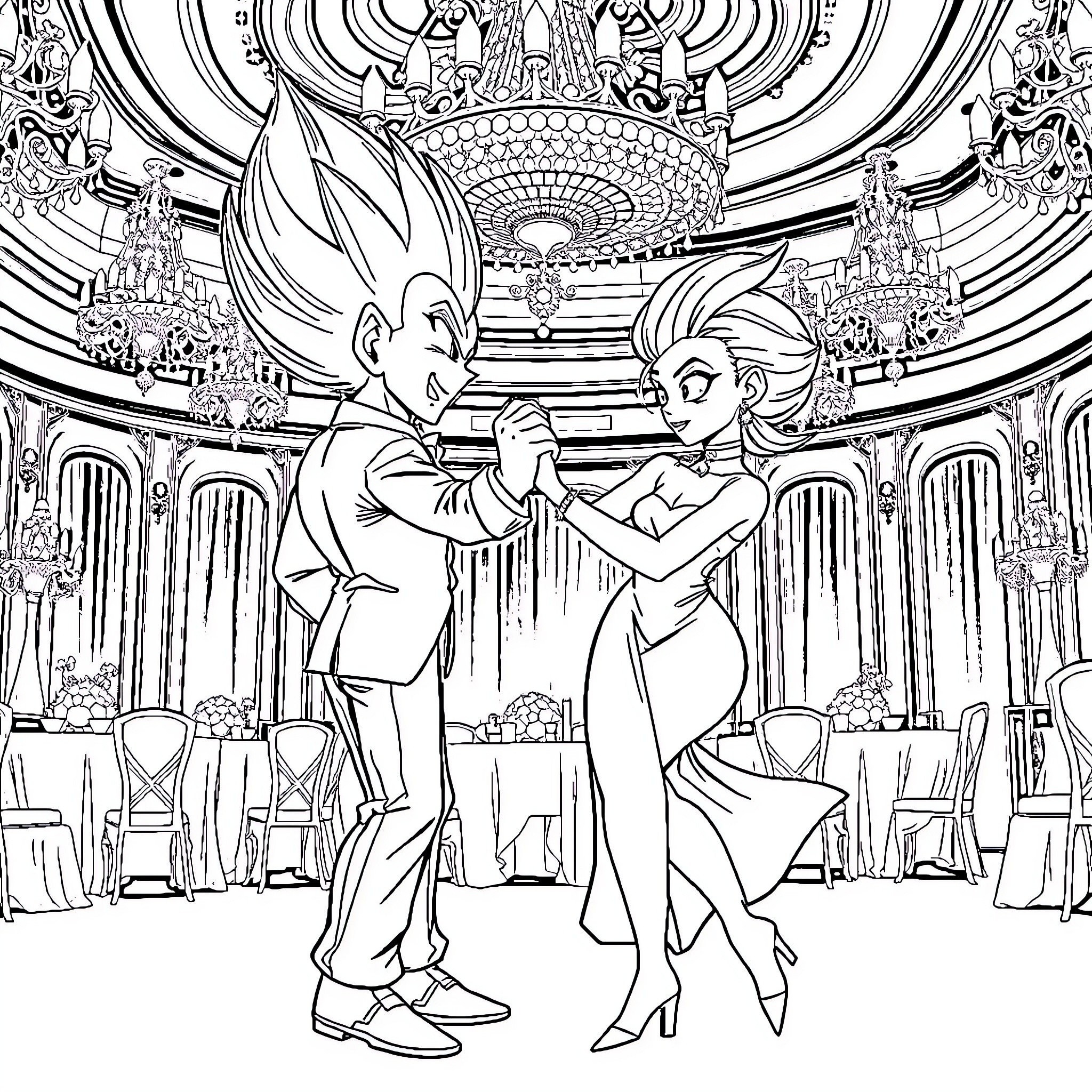 Vegeta and Elsa Dancing in Royal Palace Coloring Page (free black-and-white line drawing printable PDF for all, from beginners to advanced learners, including children, teens, adults, and seniors)