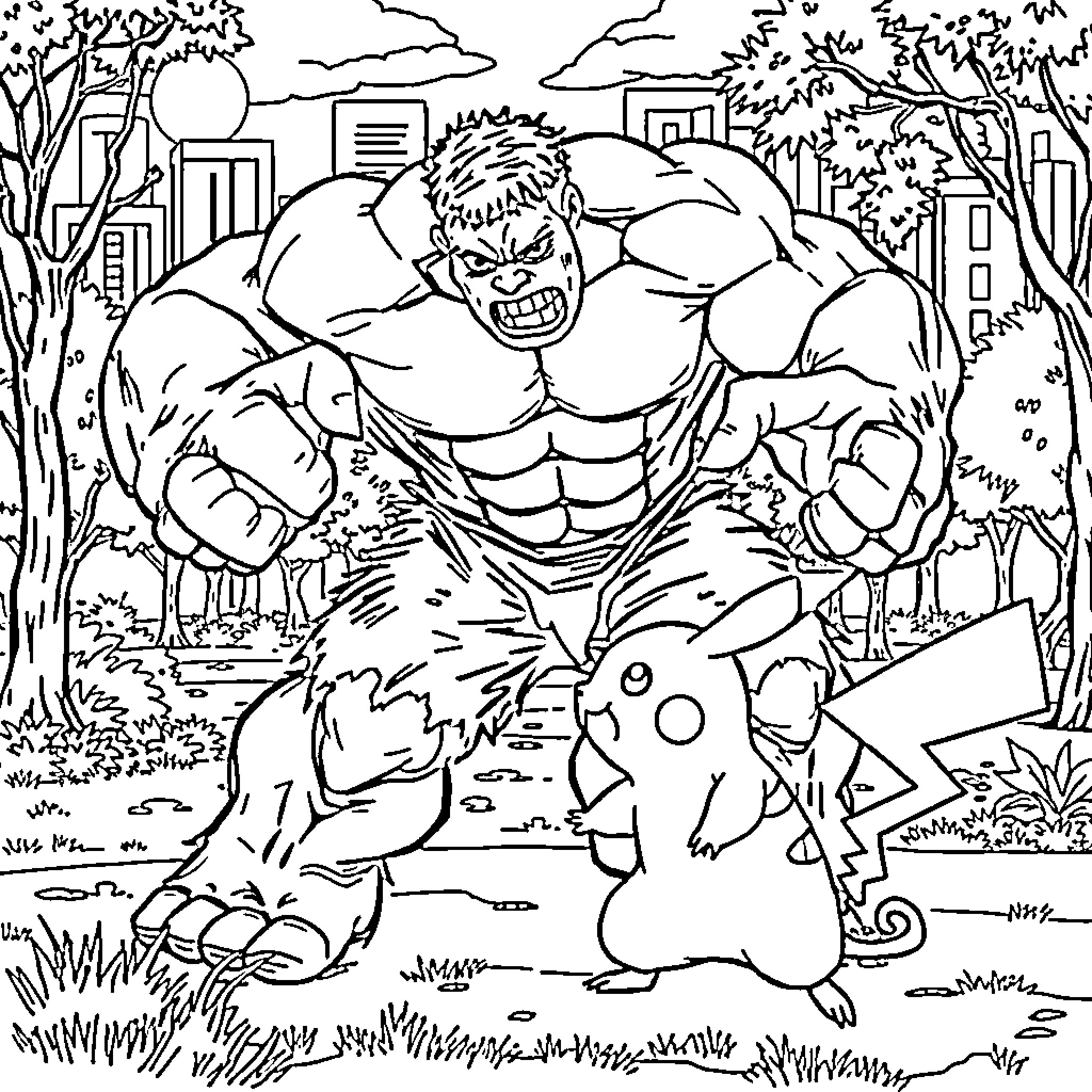 Hulk Rampaging Through the City Coloring Page (free black-and-white line drawing printable PDF for all, from beginners to advanced learners, including children, teens, adults, and seniors)