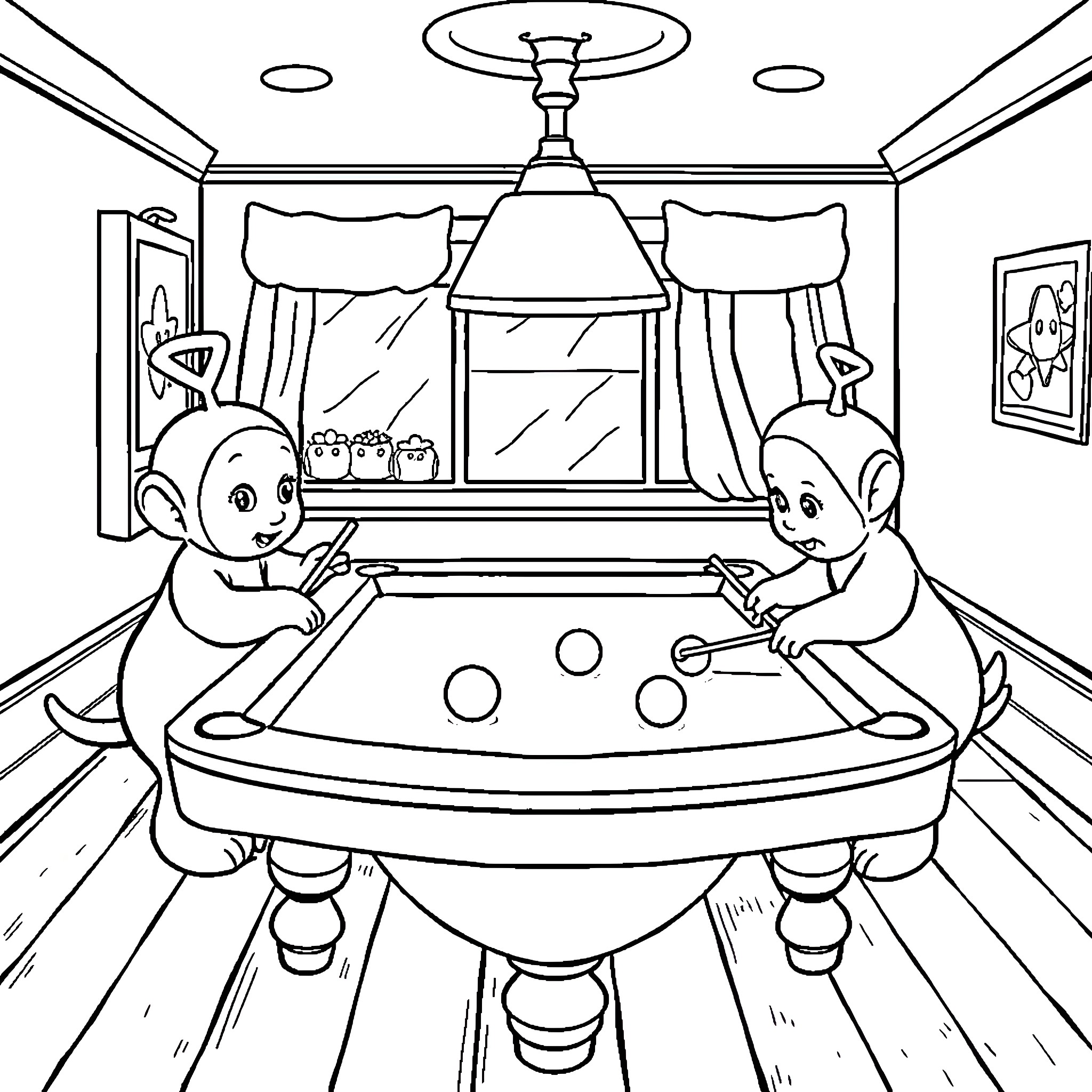 Teletubby friends playing pool together Coloring Page (free black-and-white line drawing printable PDF for all, from beginners to advanced learners, including children, teens, adults, and seniors)