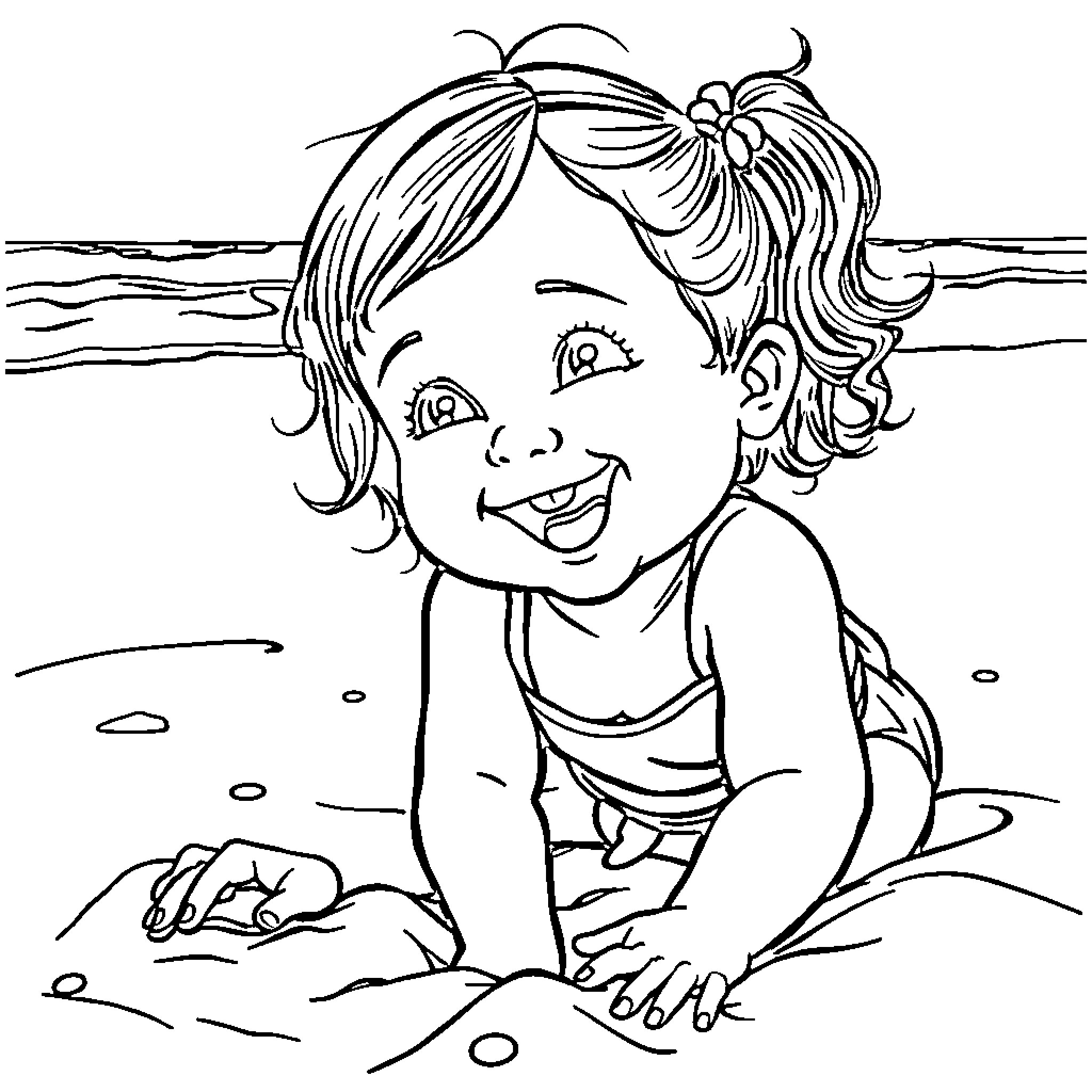 Child playing happily on the beach Coloring Page (free black-and-white line drawing printable PDF for all, from beginners to advanced learners, including children, teens, adults, and seniors)
