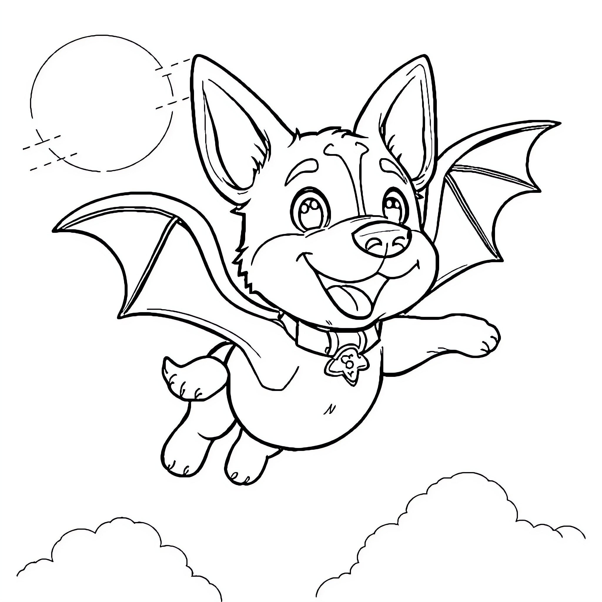 Bluey the Friendly Bat Soaring in the Night Sky Coloring Page (free black-and-white line drawing printable PDF for all, from beginners to advanced learners, including children, teens, adults, and seniors)