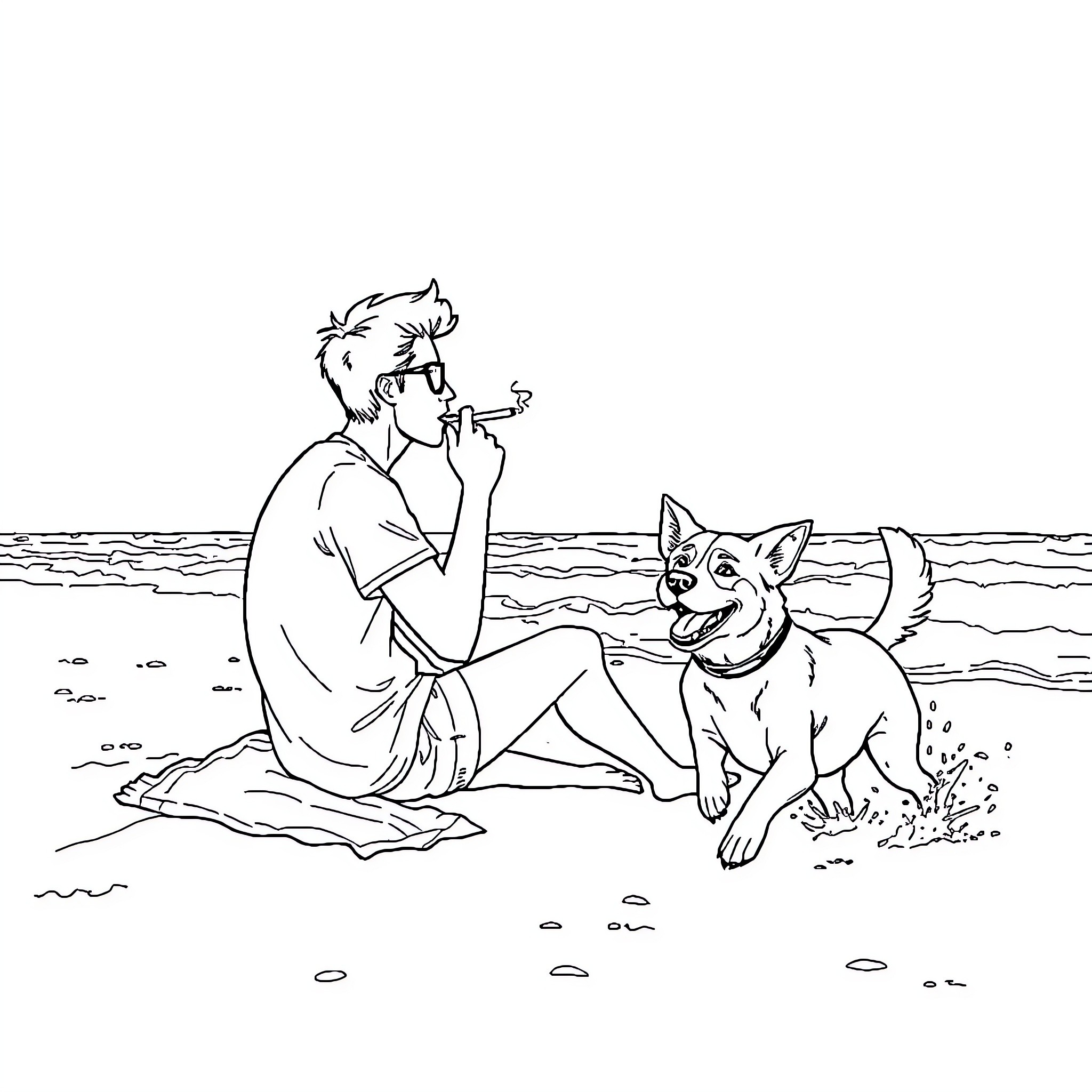 Dog and owner relaxing on the beach Coloring Page (free black-and-white line drawing printable PDF for all, from beginners to advanced learners, including children, teens, adults, and seniors)