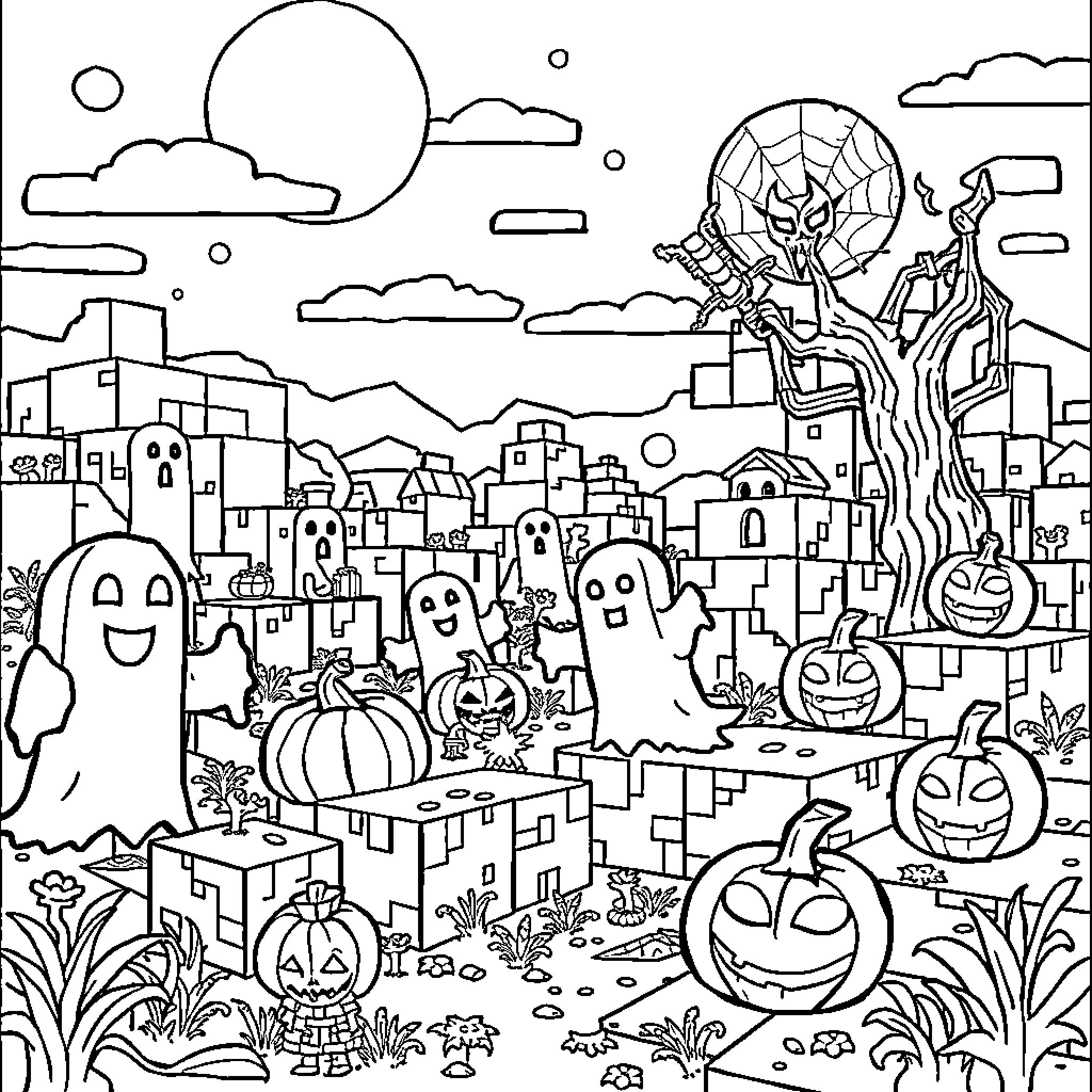Minecraft characters in a spooky Halloween scene Coloring Page (free black-and-white line drawing printable PDF for all, from beginners to advanced learners, including children, teens, adults, and seniors)