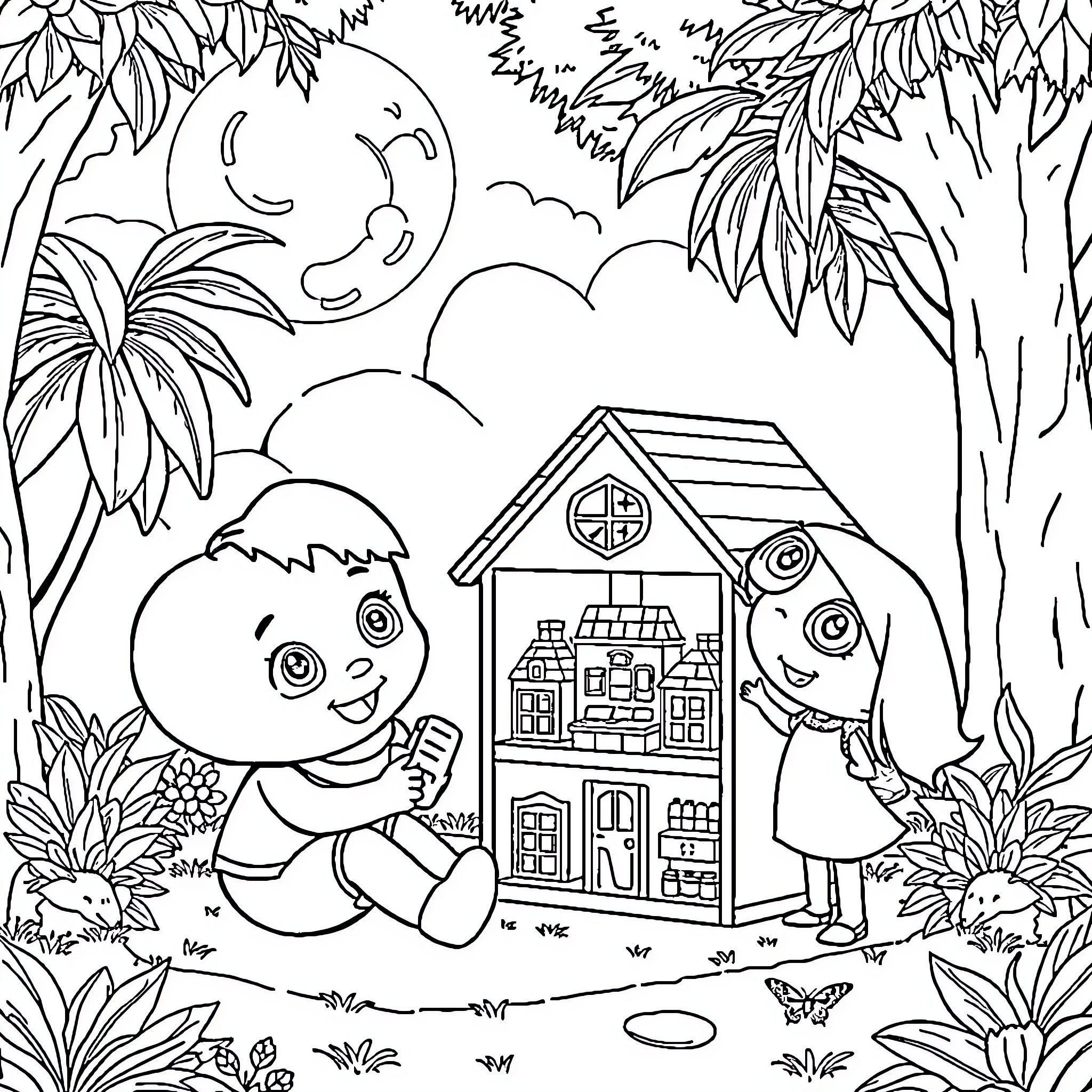 Blippi's Playful Adventure in the Enchanted Forest Coloring Page (free black-and-white line drawing printable PDF for all, from beginners to advanced learners, including children, teens, adults, and seniors)