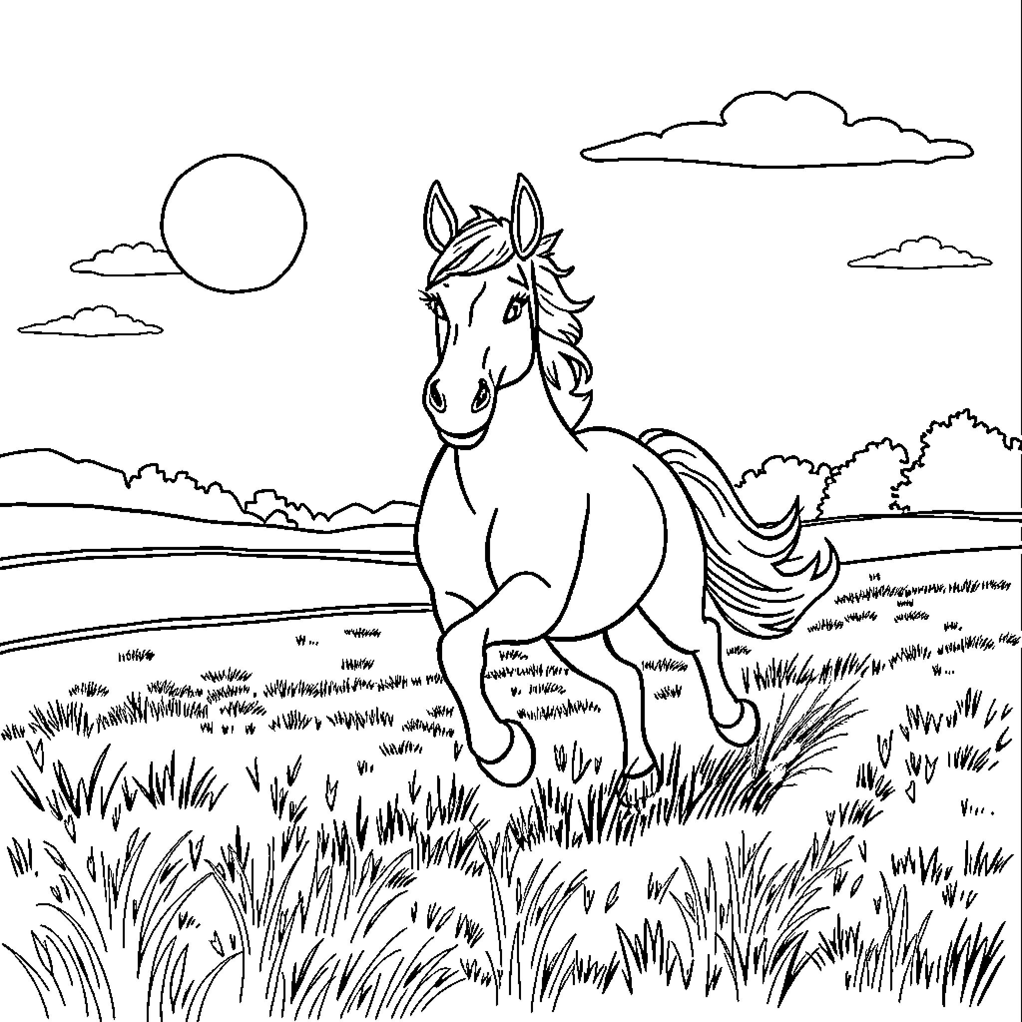 Horse Galloping Freely in Scenic Landscape Coloring Page (free black-and-white line drawing printable PDF for all, from beginners to advanced learners, including children, teens, adults, and seniors)