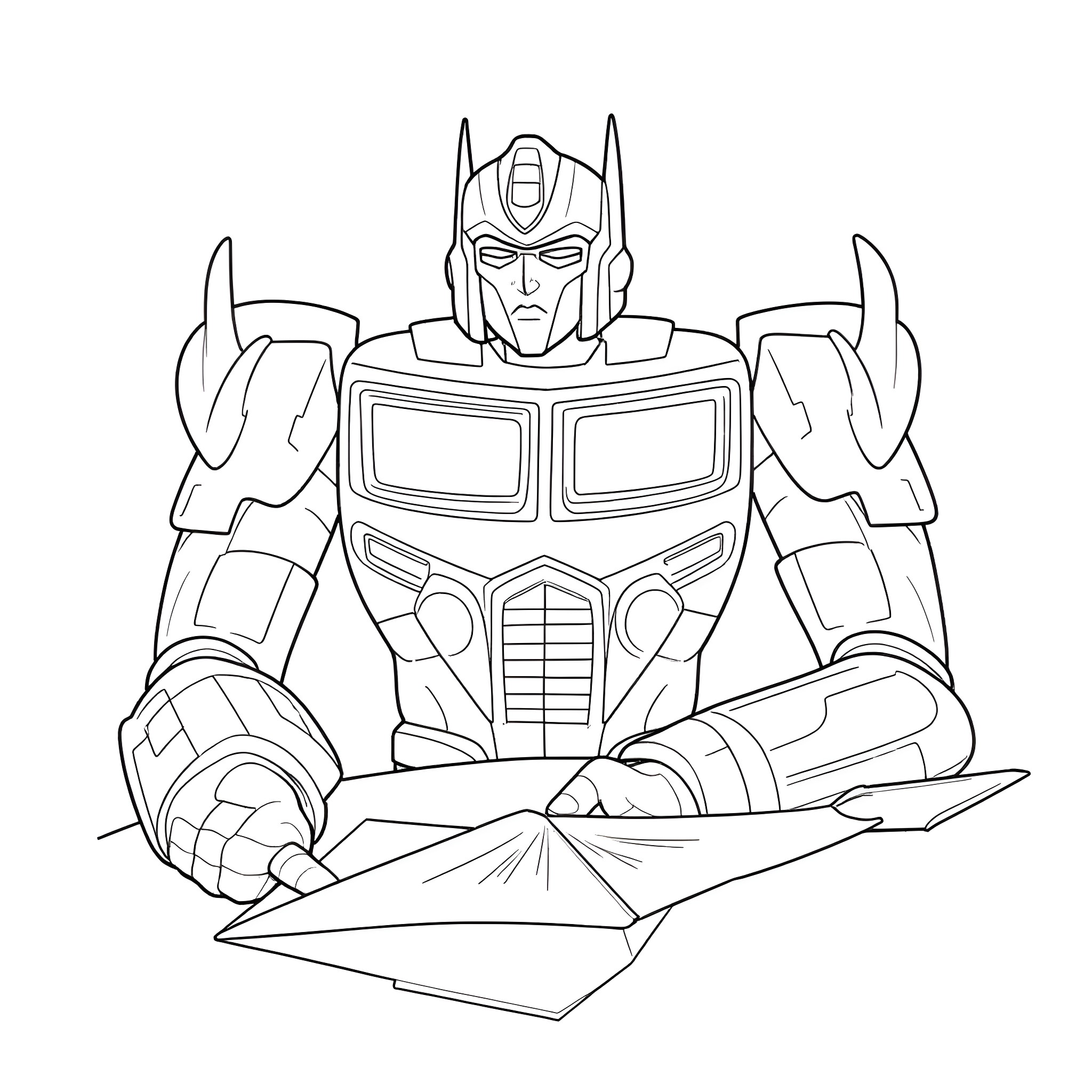 Optimus Prime transforming and powering up Coloring Page (free black-and-white line drawing printable PDF for all, from beginners to advanced learners, including children, teens, adults, and seniors)