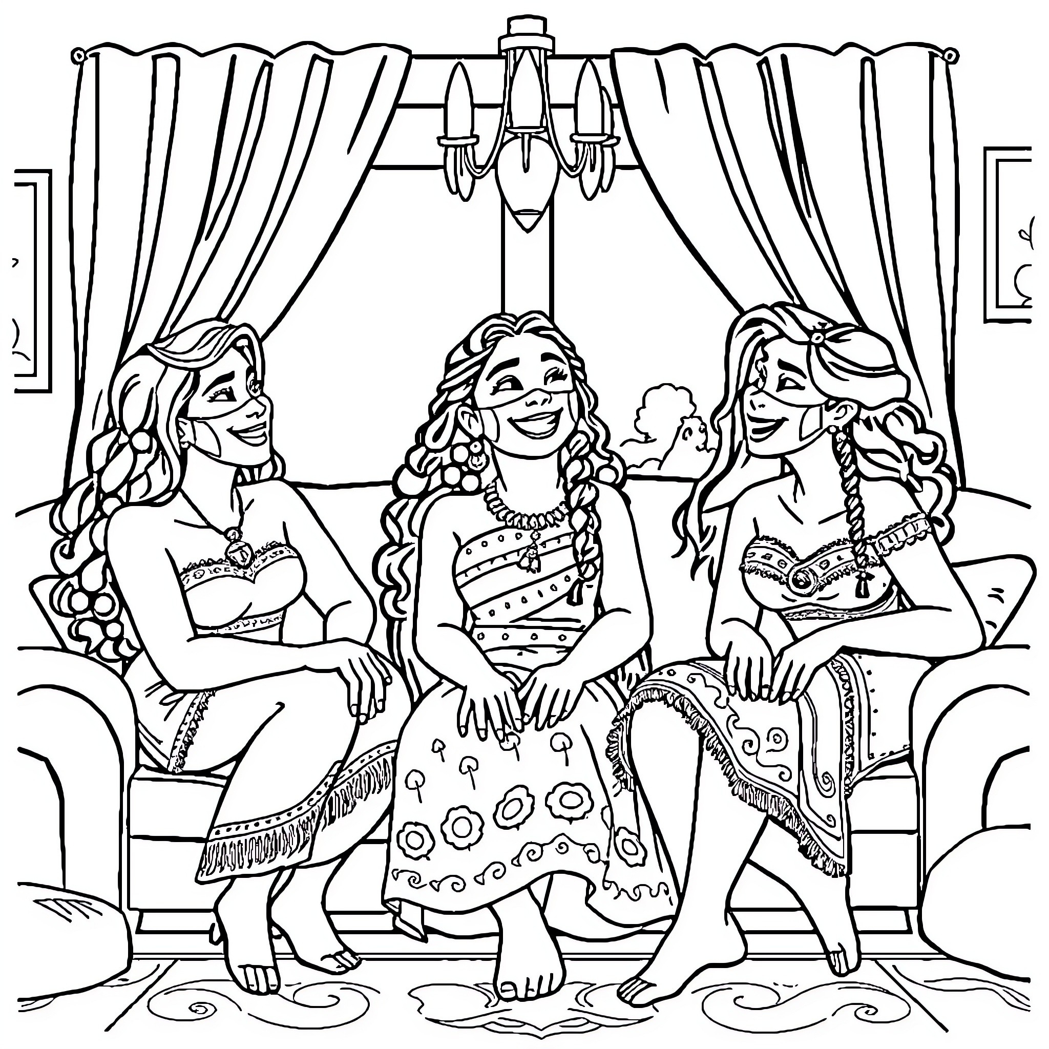 Moana with friends enjoying a performance Coloring Page (free black-and-white line drawing printable PDF for all, from beginners to advanced learners, including children, teens, adults, and seniors)