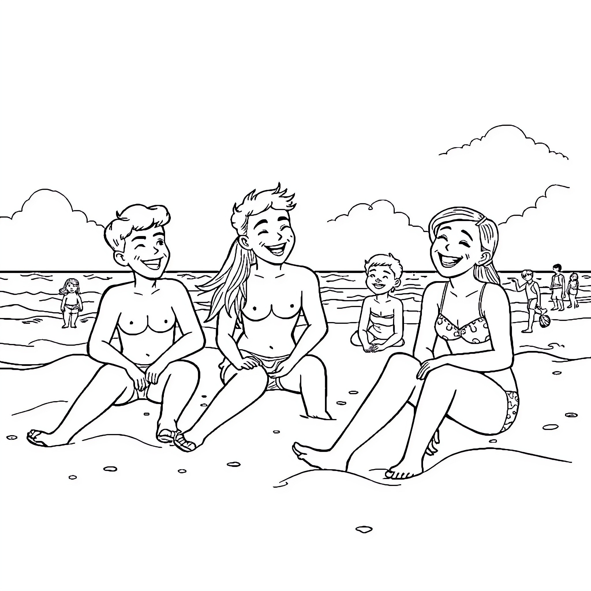 Beach day with friends enjoying the sun Coloring Page (free black-and-white line drawing printable PDF for all, from beginners to advanced learners, including children, teens, adults, and seniors)