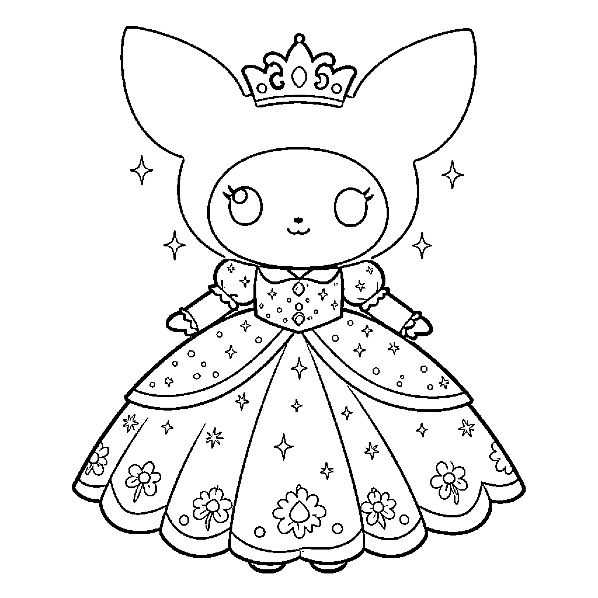 Kuromi dressed as a cute princess with a crown Coloring Page (free black-and-white line drawing printable PDF for all, from beginners to advanced learners, including children, teens, adults, and seniors)