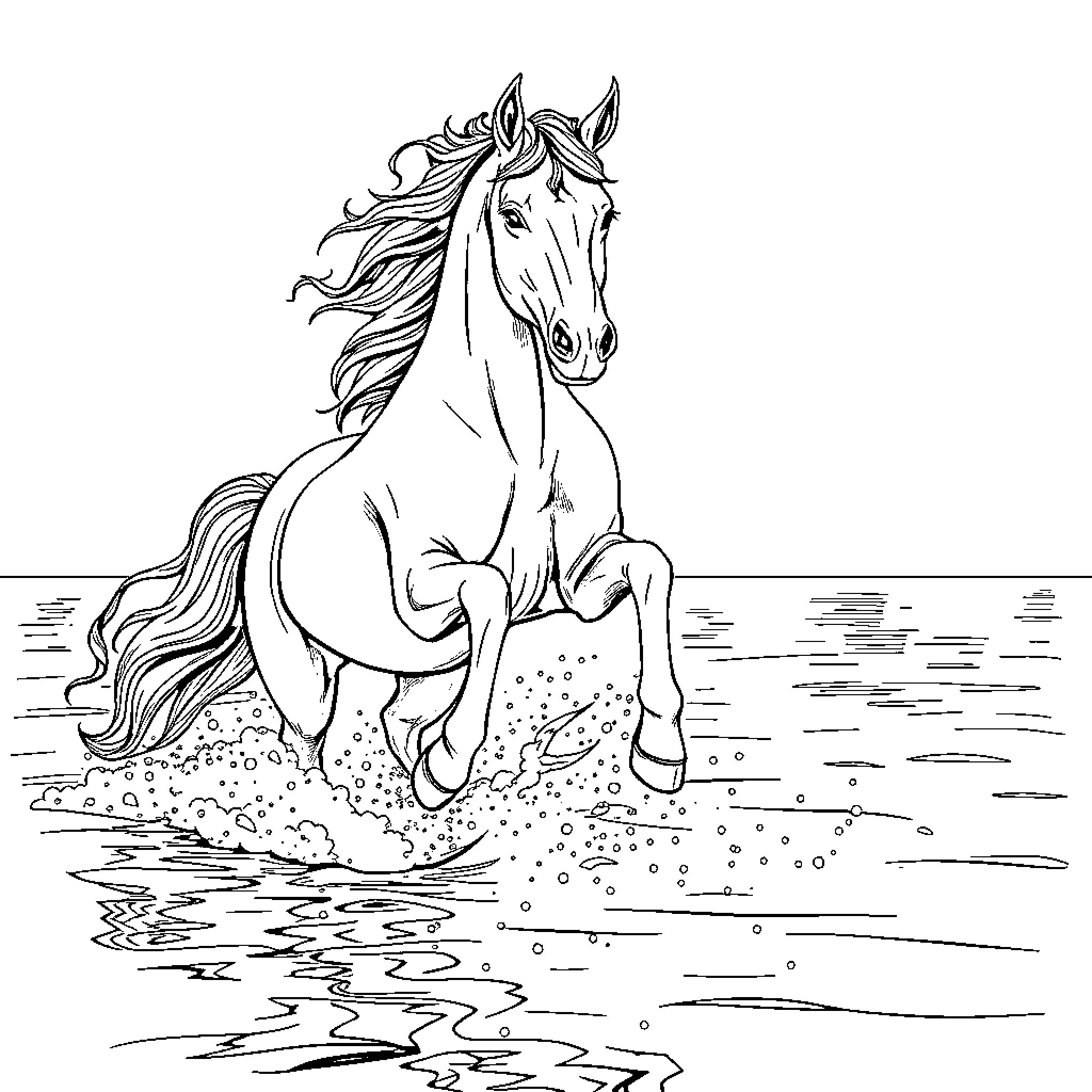 Shire Horse Galloping Through Water Coloring Page (free black-and-white line drawing printable PDF for all, from beginners to advanced learners, including children, teens, adults, and seniors)