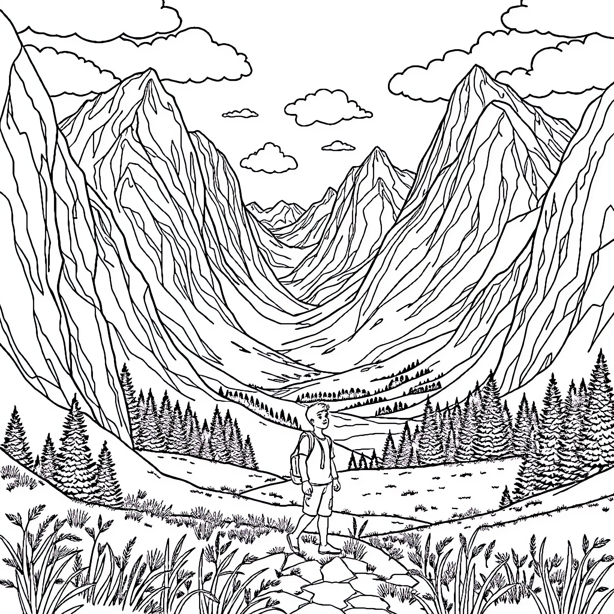 Boy hiking through majestic mountain landscape Coloring Page (free black-and-white line drawing printable PDF for all, from beginners to advanced learners, including children, teens, adults, and seniors)